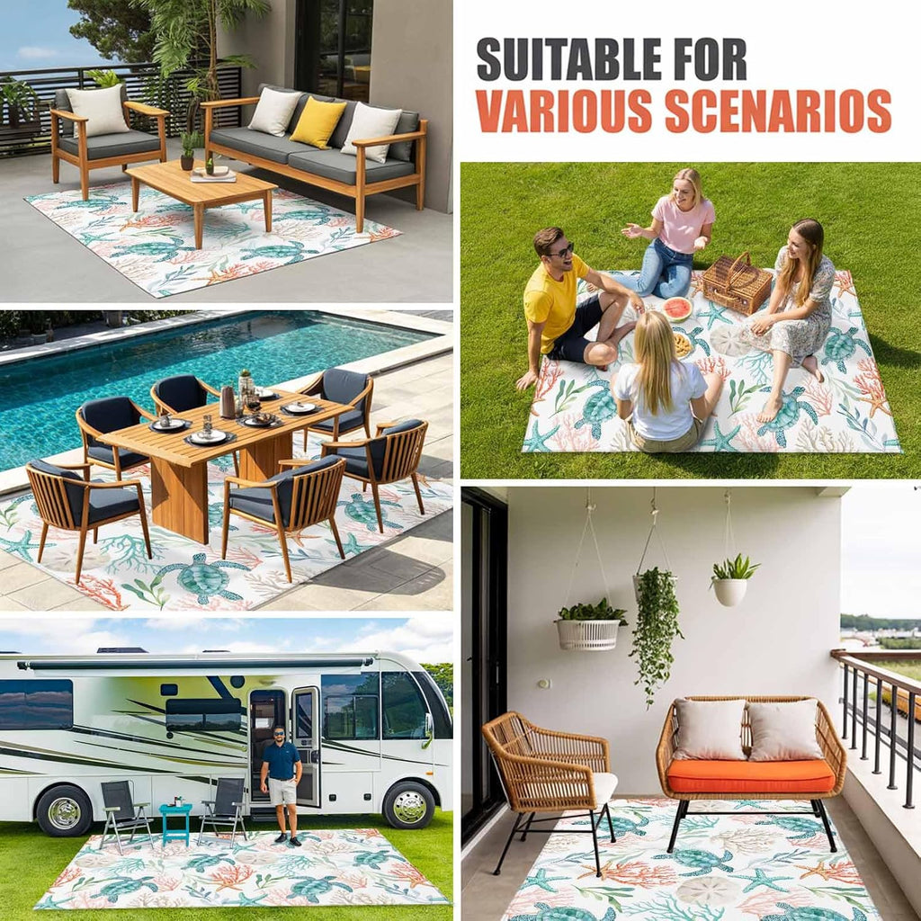 Teal Red Coastal Outdoor Rug for Patio/Deck/Porch, Non-Slip Large Area Rug 4 x 6 Ft, Beach Nautical Sea Turtle Coral Starfish Indoor Outdoor Rugs Washable Area Rugs, Camping Rug Carpet Runner