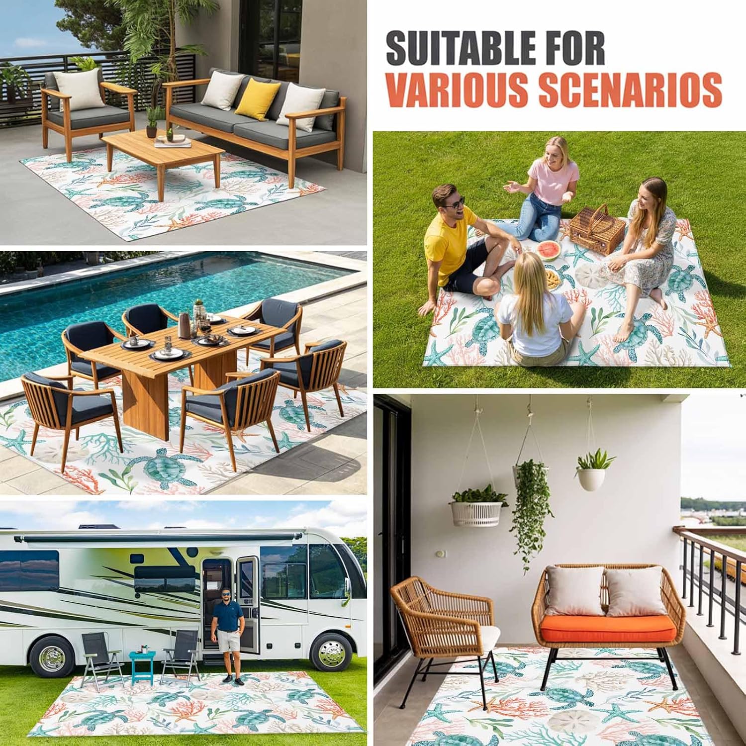 Teal Red Coastal Outdoor Rug for Patio/Deck/Porch, Non-Slip Large Area Rug 4 x 6 Ft, Beach Nautical Sea Turtle Coral Starfish Indoor Outdoor Rugs Washable Area Rugs, Camping Rug Carpet Runner