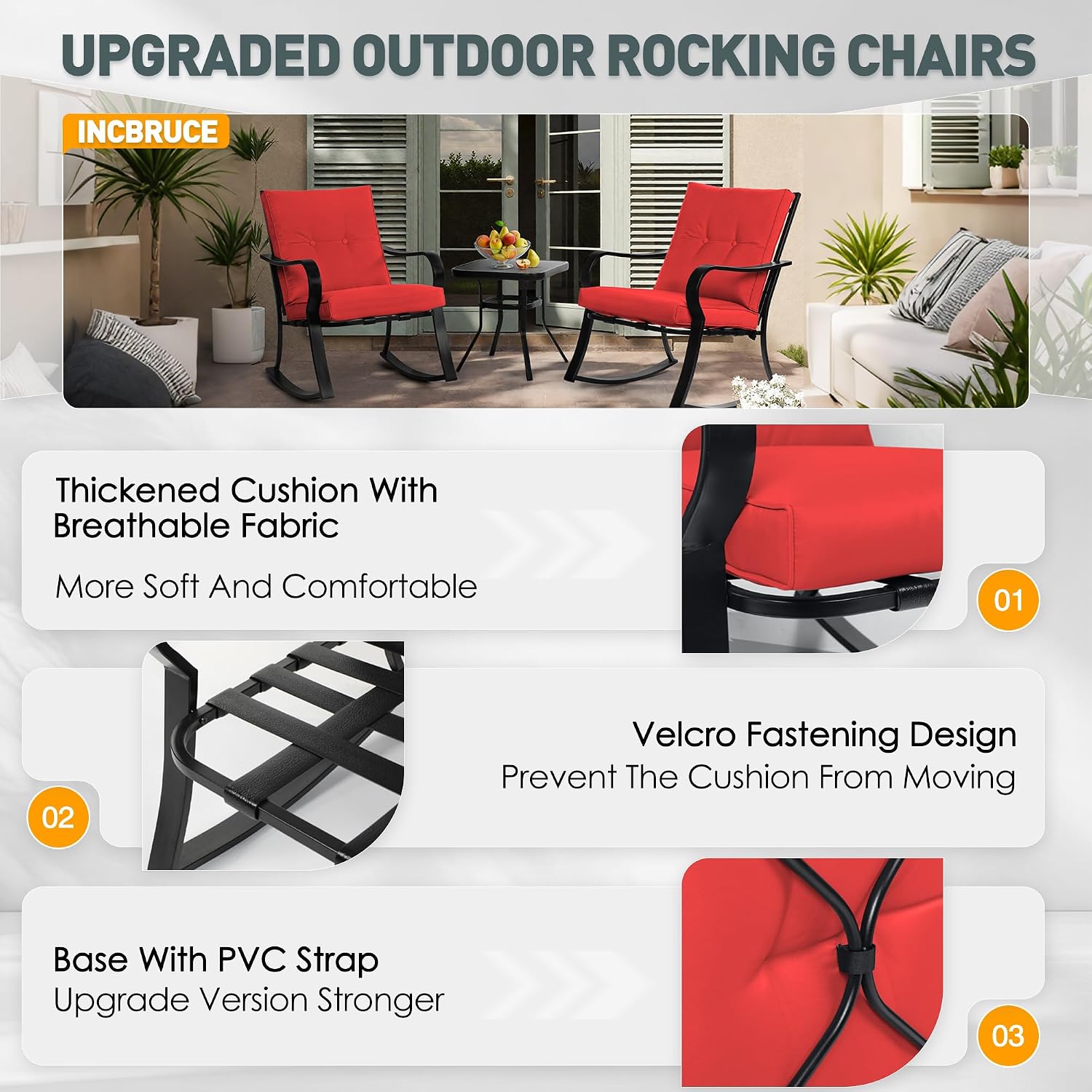 Incbruce 3 Piece Patio Bistro Set Outdoor Rocking Chairs Set, Porch Patio Conversation Chairs Set of 2 with Glass-Top Coffee Table (Red Thickened Cushion)