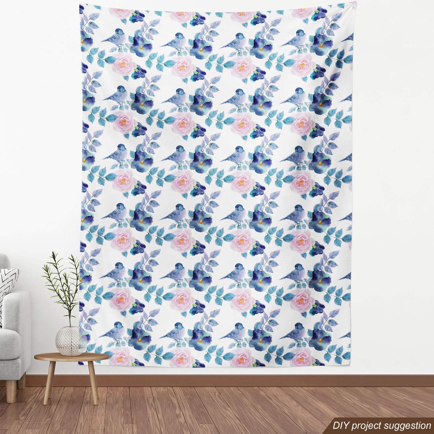 Lunarable Floral Fabric by The Yard, Watercolor Flower Petals and Bird Summer Spring Themed Art, Decorative Fabric for Upholstery and Home Accents, 10 Yards, Blue Petrol