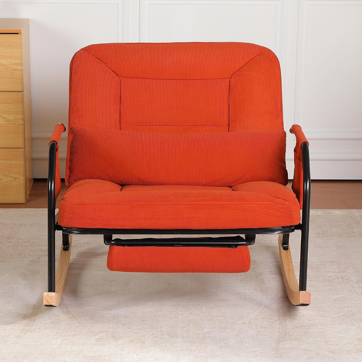 Oversized Rocking Chair, Extra-Wide Glider Patio Rocker Chairs with Foot Rest, Padded Cushion, Adjustable Backrest, Mental Wooden Farm, Indoor/Outdoor Living Room Bedroom Balcony Porch, Orange