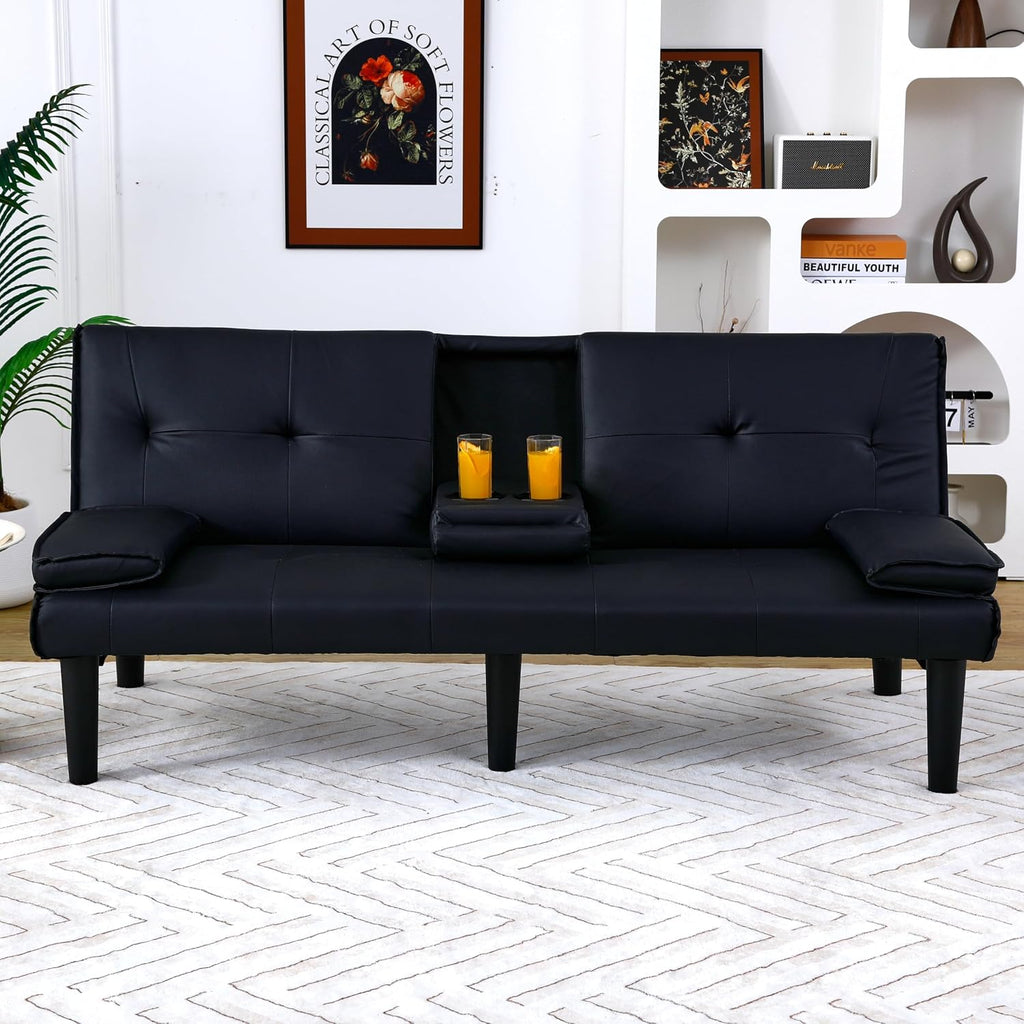 KEIKI 3 in 1 Convertible Sleeper Sofa Bed, PVC Loveseat with Cup Holder, Foldable Futon Sofa Bed for Living Room, Guest Room, Dorm, Black