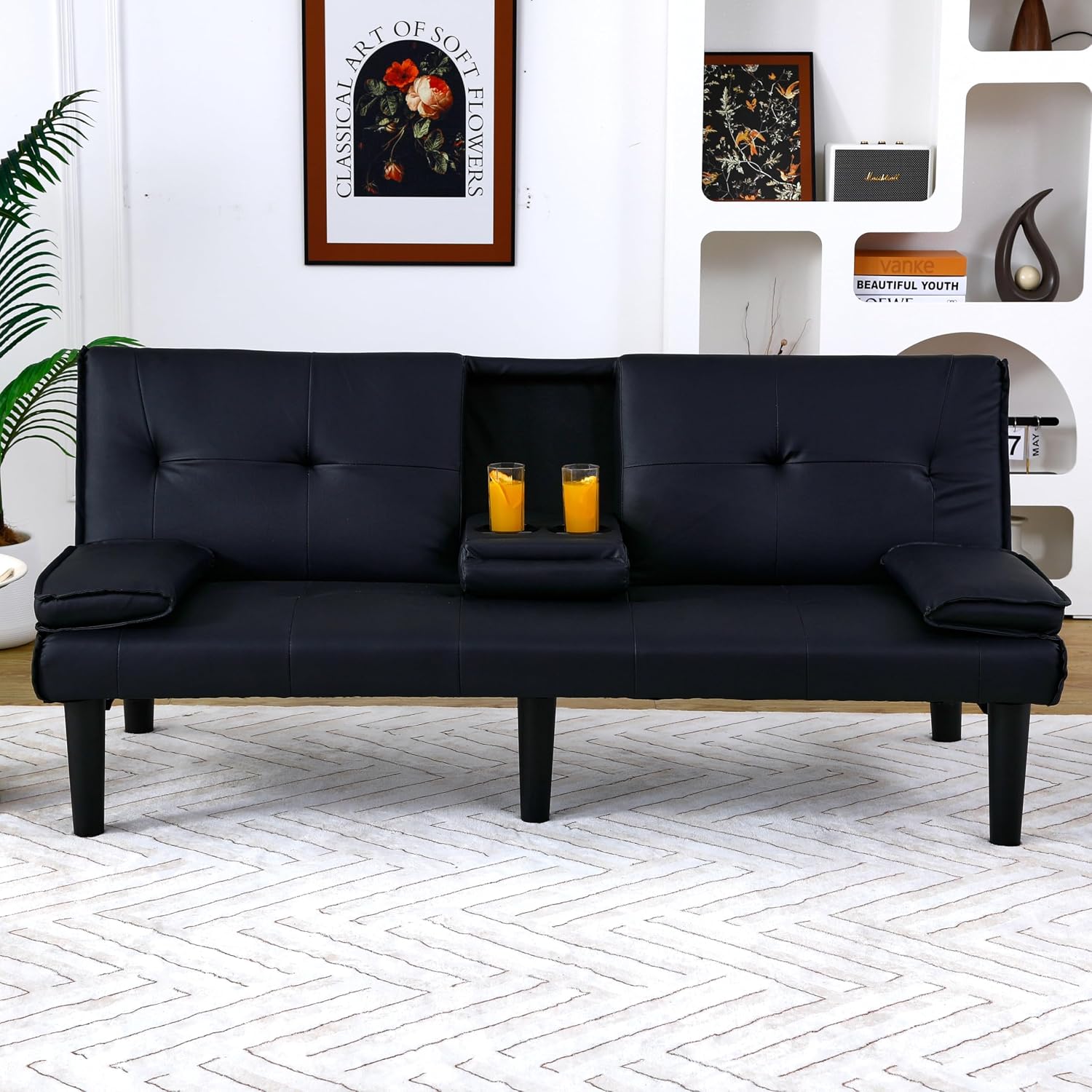 KEIKI 3 in 1 Convertible Sleeper Sofa Bed, PVC Loveseat with Cup Holder, Foldable Futon Sofa Bed for Living Room, Guest Room, Dorm, Black