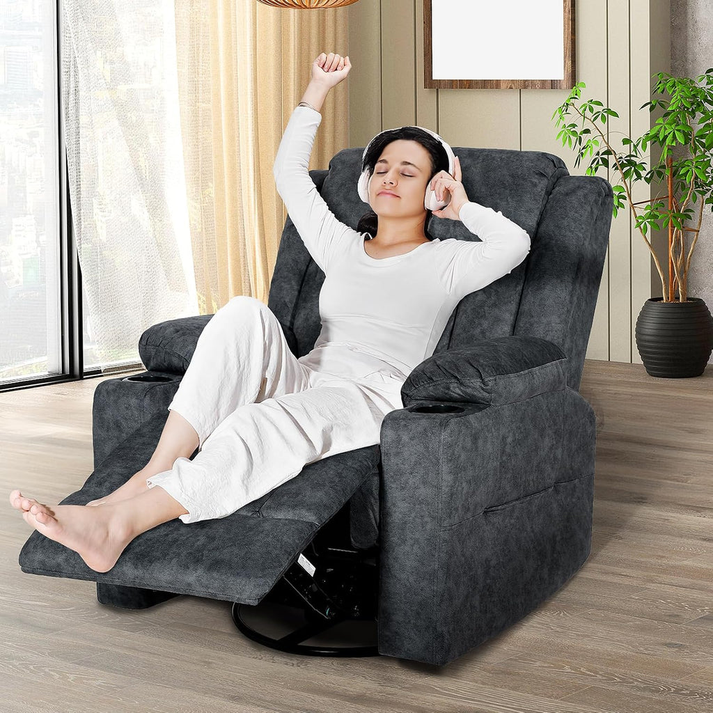 LAFWELL Retro Rocking Recliner Chair, Massage Rocker Recliner Chair with Vibration Massage and Heat, USB and Type-C Ports,360° Swivel Chairs,Living Room, Bedroom, Nursery, RV, Dark Grey