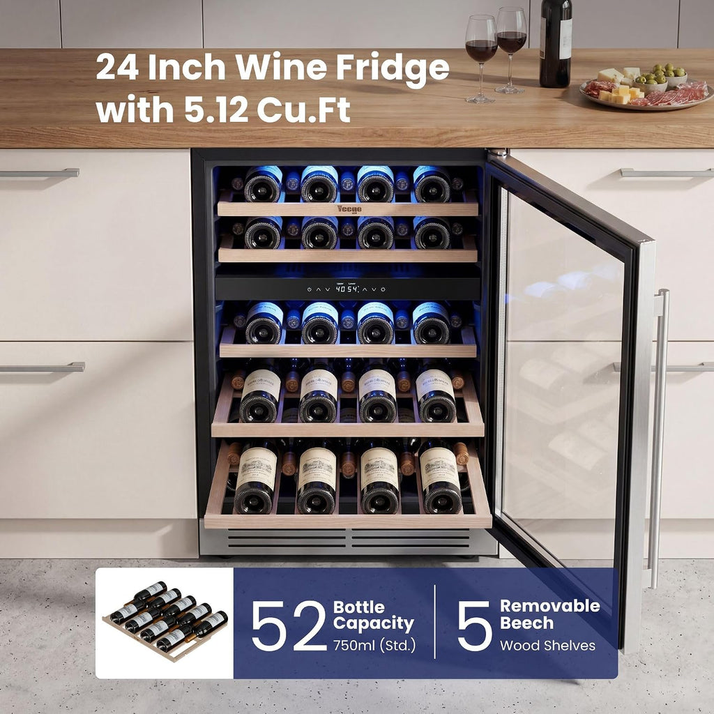 Yeego Wine Fridge Cooler - 24 Inch Dual Zone Wine Fridge Hold 52 Bottles, 40-65°F Wine Refrigerator Glass Door, Built in Fridge, Freestanding Adjustable Shelves Fridge for Beer Soda Drink Home Bar