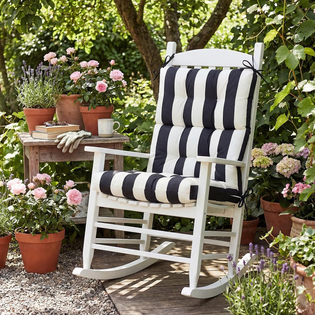 Hoteam 4 Pcs High Back Chair Cushions Set - 44'' x 21'' Indoor Outdoor Waterproof Soft Thicken Stripes Replaceable Cushion for Garden Summer Rocking Chair, Patio Furniture (Black Stripes)