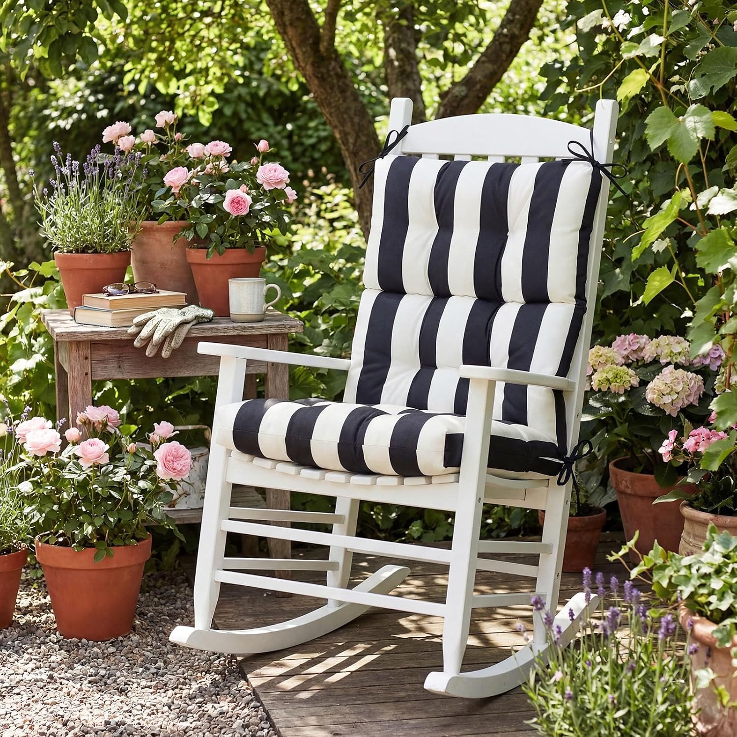 Hoteam 4 Pcs High Back Chair Cushions Set - 44'' x 21'' Indoor Outdoor Waterproof Soft Thicken Stripes Replaceable Cushion for Garden Summer Rocking Chair, Patio Furniture (Black Stripes)