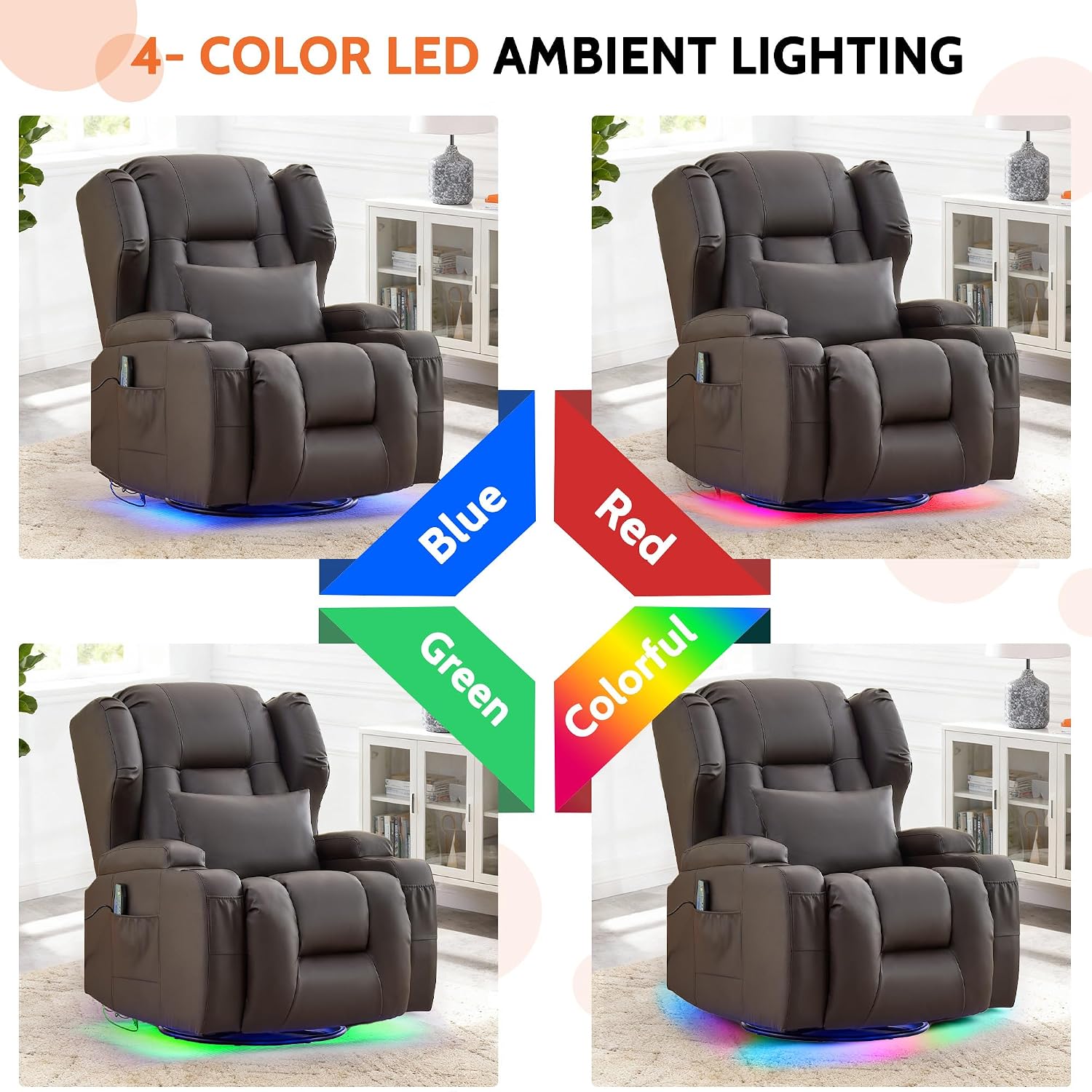 BINGTOO Dual Motor Power Swivel Rocker Recliner Chair with Massage & Heat, Electric Wall Hugger Glider Chair for Adults, Nursery with LED Lights, USB-C Ports & Cup Holders, Faux Leather Brown, 1 Chair