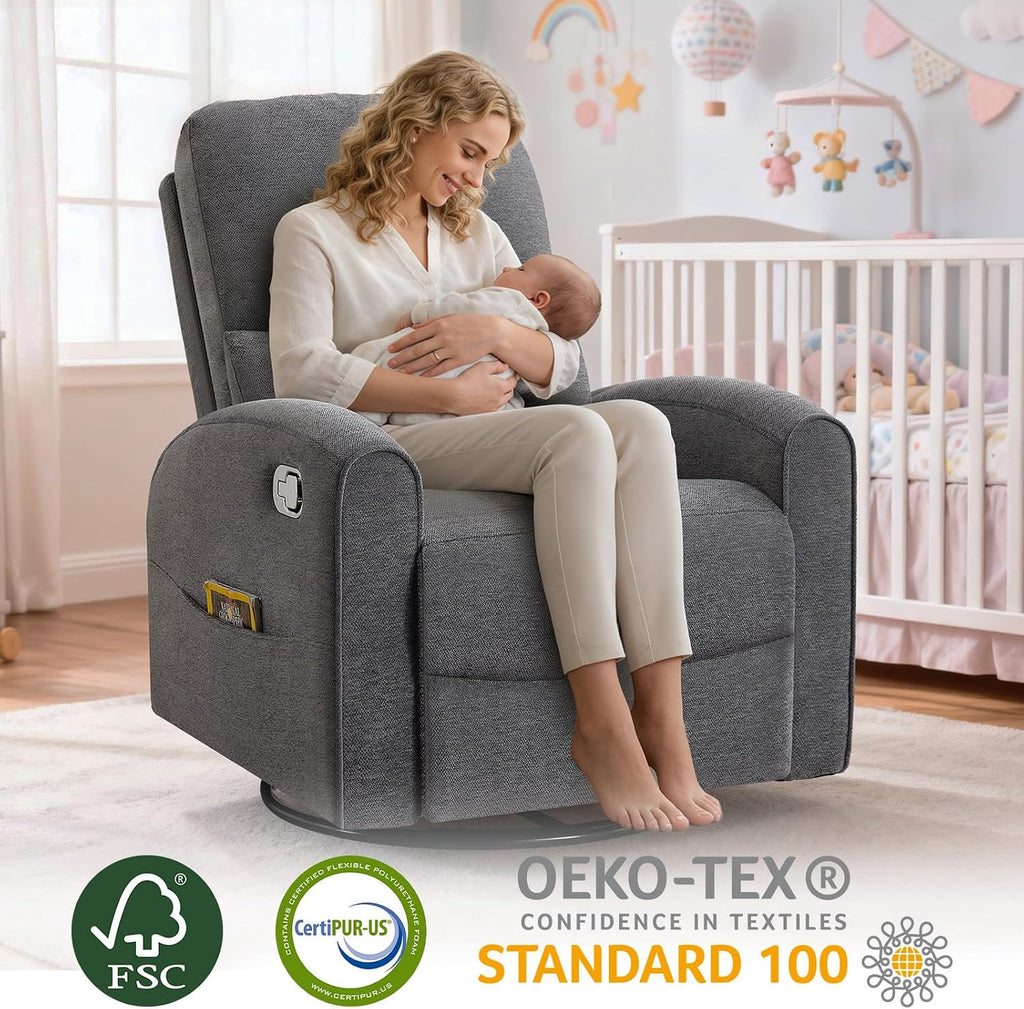 Swivel Rocker Recliner, Manual Swivel Glider Recliner Chair with Adjustable Headrest and Lumbar Support, Upholstered Rocking Recling Chairs for Adults Nursery, Living Room, Bedroom, Dark Grey