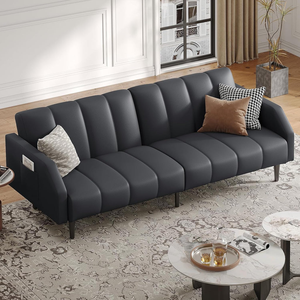 COPIAE Faux Leather Sofa Bed, 78' Futon Sofa Bed, Adjustable Futon Set Backrest, Sleeper Sofa Couch, Modern Decor Love Seat Couches, Upholstered Couch for Living Room, Bedroom, Dark Gray