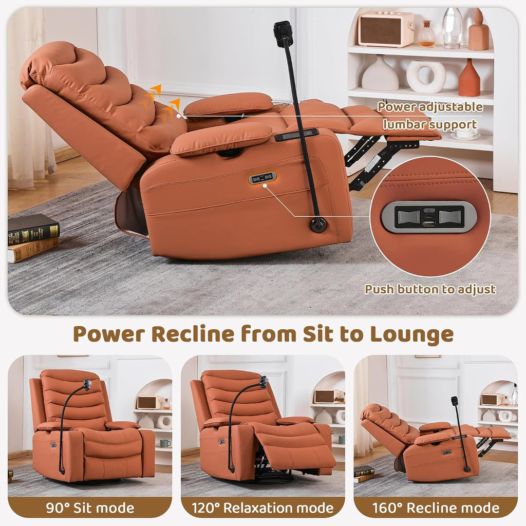 Olela Power Glider Recliner Nursery Chair, PU Leather Swivel Rocking Chair with Electric Lumbar Support, USB Charging, Smart Cup Holder, Light, Adjustable Armrest, Wireless Phone Charger Holder