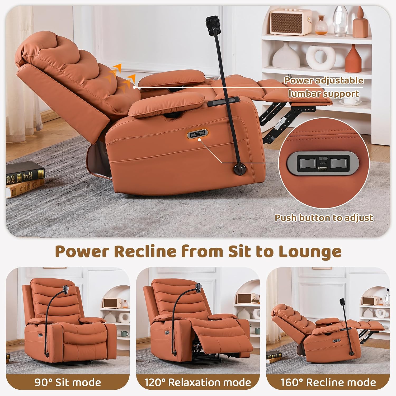 Olela Power Glider Recliner Nursery Chair, PU Leather Swivel Rocking Chair with Electric Lumbar Support, USB Charging, Smart Cup Holder, Light, Adjustable Armrest, Wireless Phone Charger Holder