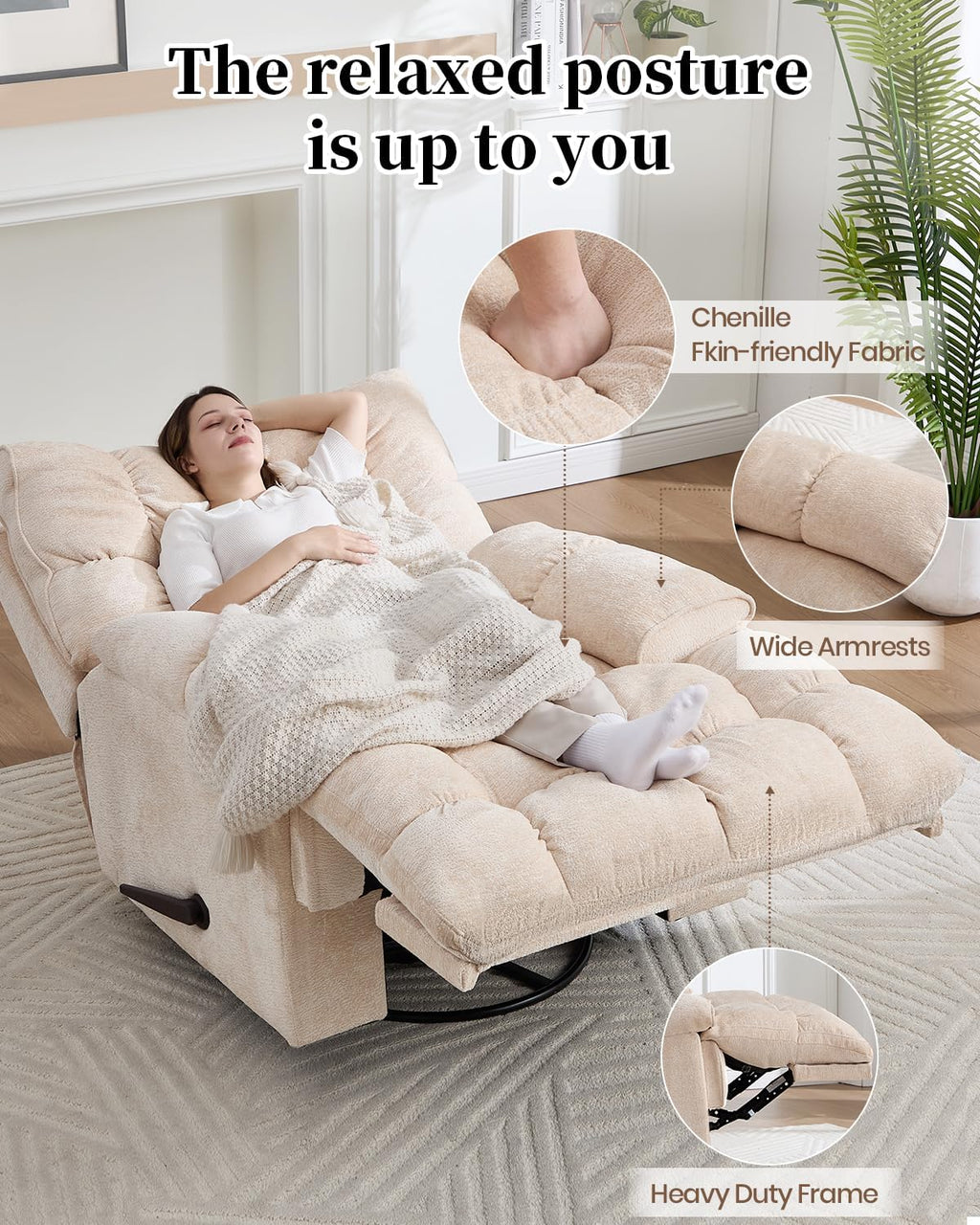 Oversized Manual Recliner Chair with 360° Swivel, Big and Tall Rocker Glider for Nursery Living Room, Chenille Overstuffed Reclining Sofa with Handle, 375lbs (Beige, Manual)