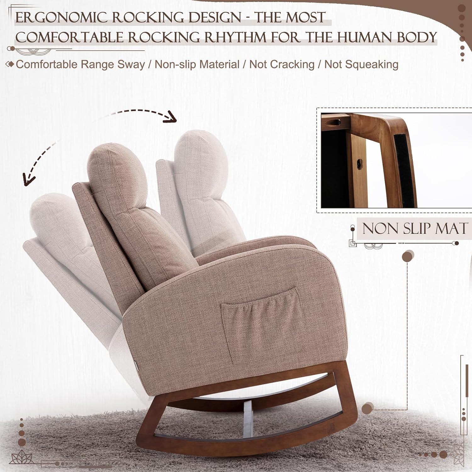 Upholstered Rocking Chair for Nursery, Accent Glider Rocker with Side Pocket, Comfy Armchair with Tall Backrest and Double Layer Cushion, Baby Nursery Glider for Living Room, Bedroom (Camel Brown)