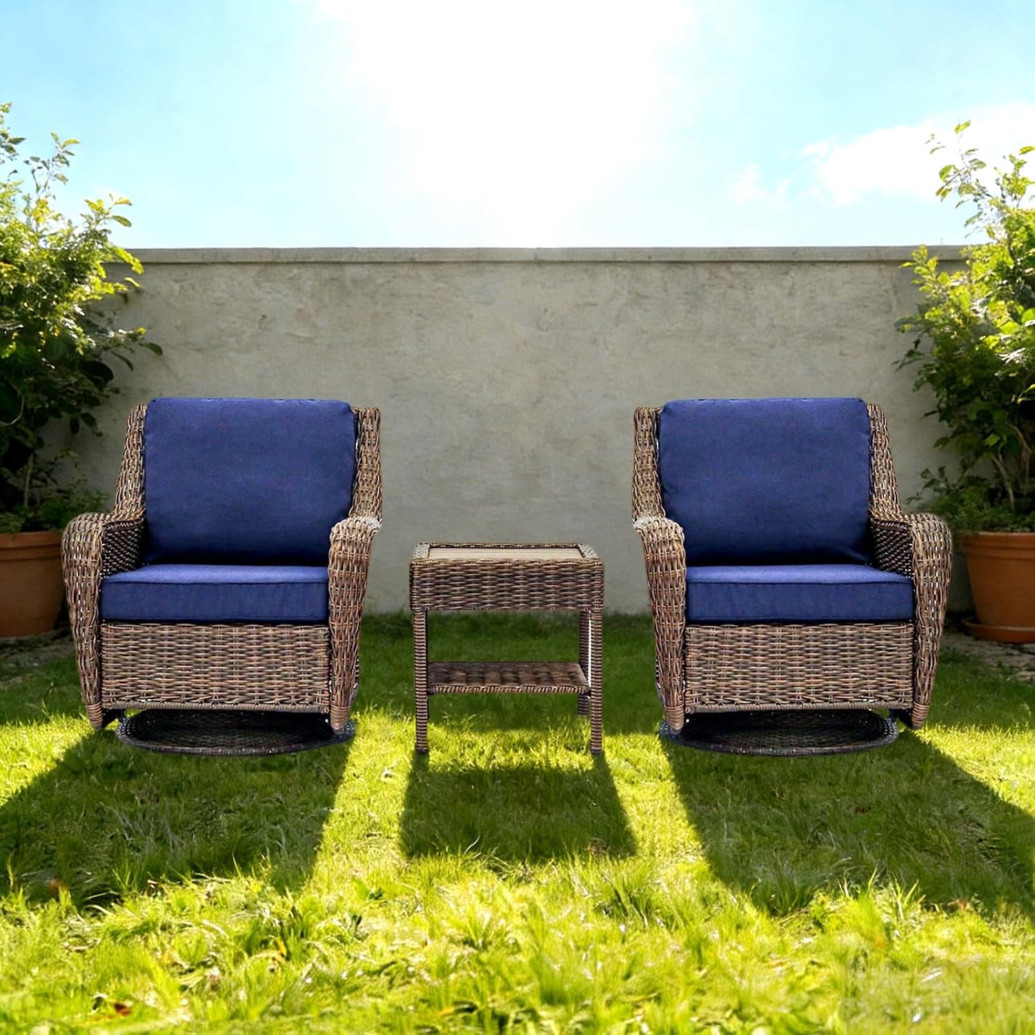 Cambridge Swivel Rocking Patio Chair, Hand-Woven HDPE Wicker Outdoor Rocker with Cushioned Seat and Round Base, All-Weather Porch & Patio Seating, Midnight Navy Blue