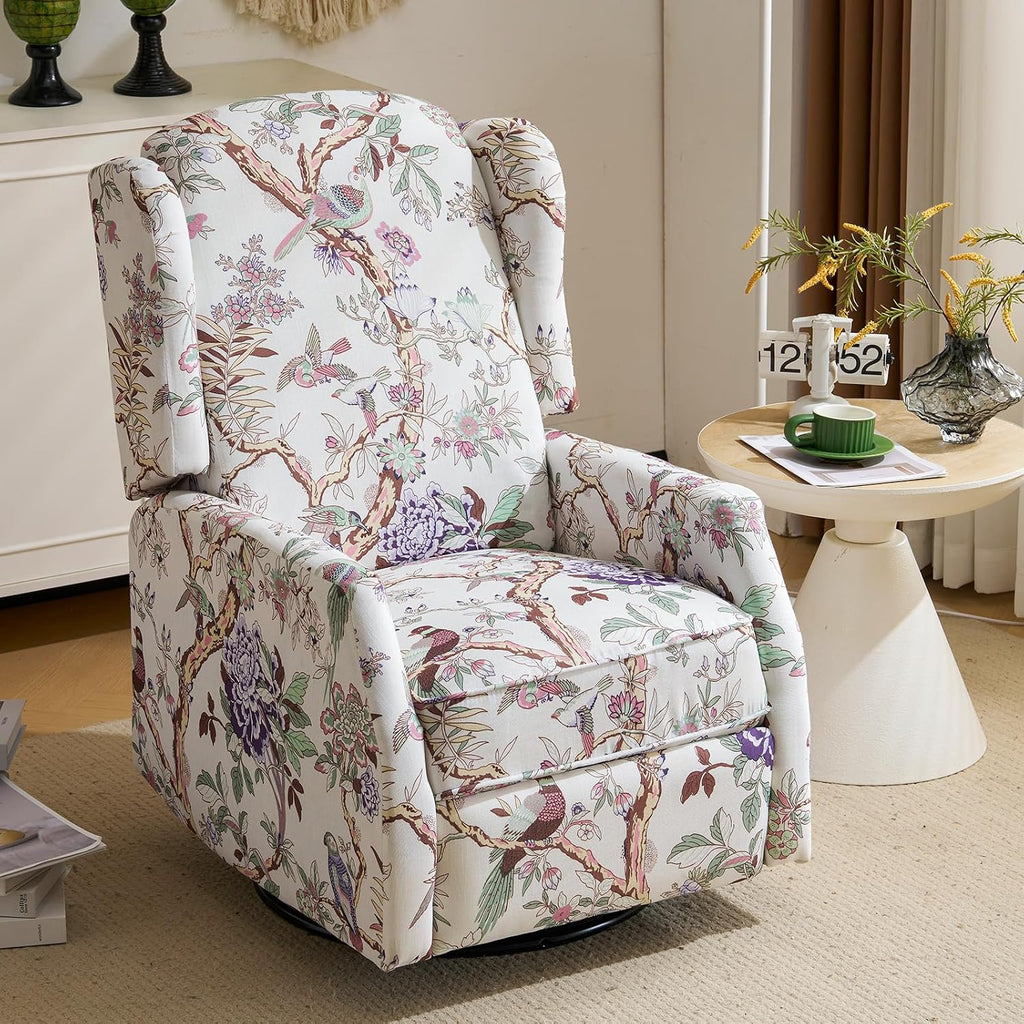 Swivel Rocker Recliner,Wingback Recliner Chair,Floral Accent Chair Fabric Chair with High Back,Padded Seat for Living Room,Bedroom, Home Office (Bird)