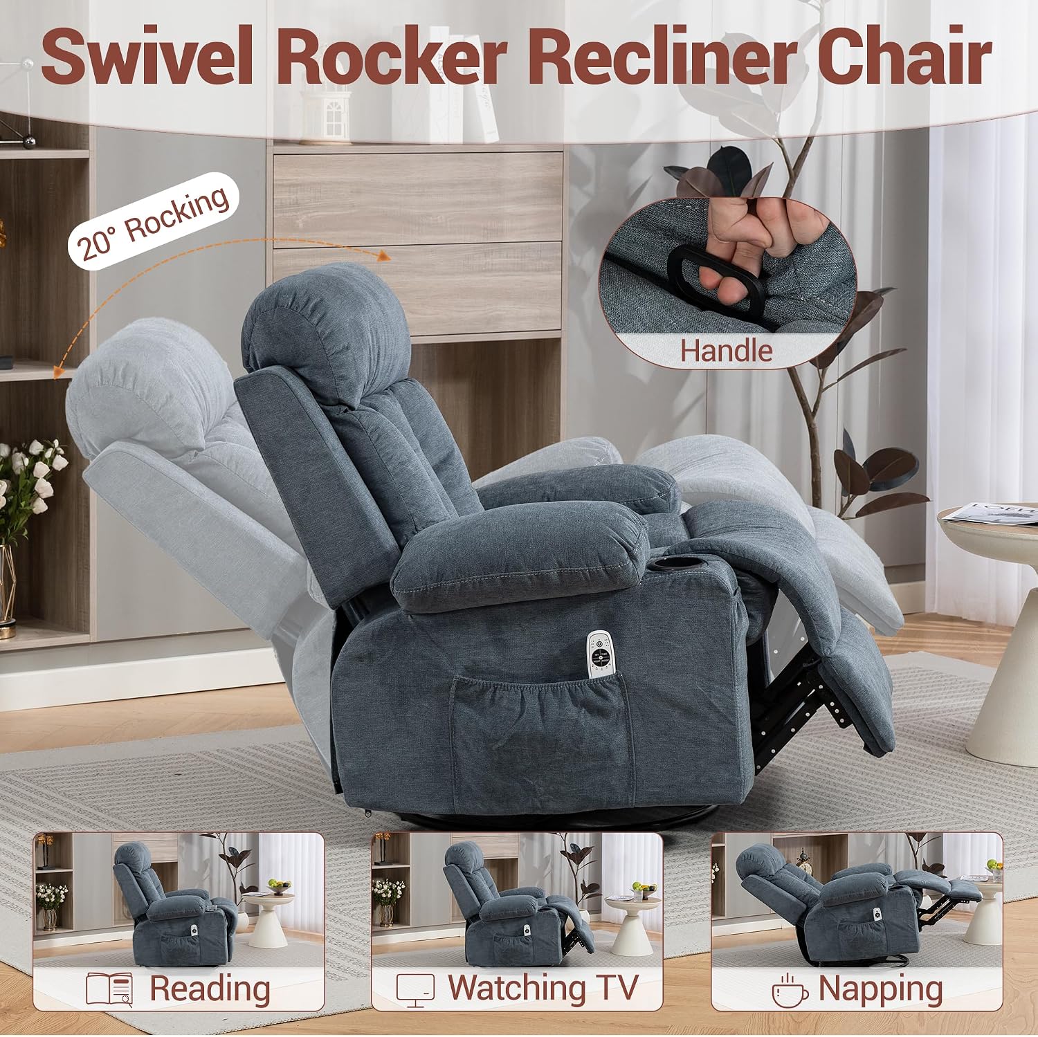 360° Swivel Rocking Chair, Rocker Recliner Chair with Vibration Massage and Heat, Ergonomic Lounge Chairs with Rocking Function and Side Pocket, Cup Holders, Blue