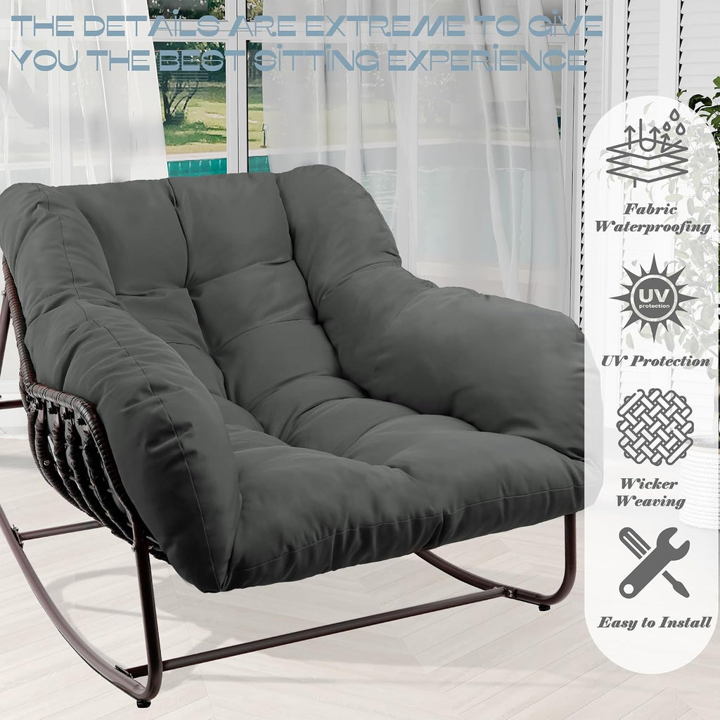 Papasan Rocking Chair Indoor & Outdoor, Oversized Patio Rocking Chairs with Padded Cushion& Pillow-Comfortable Rocker Egg Chair for Front Porch, Garden, Patio, Backyard,Grey,1PC