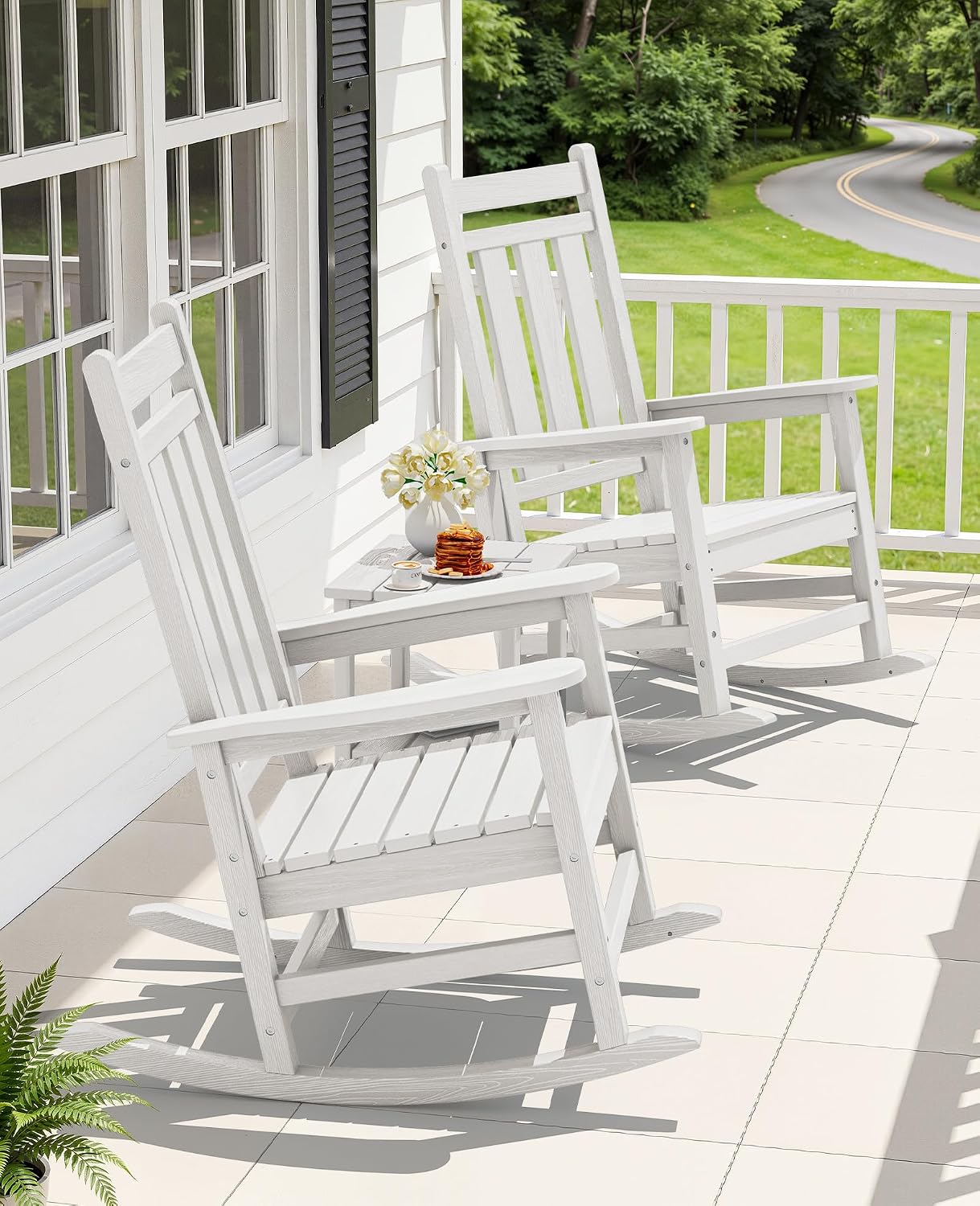 KINGYES Oversized Outdoor Rocking Chair Set of 6, All-Weather Patio Rocking Chairs for Porch, HDPE Outdoor Patio Recliner Rockers with High Back & Wide Seat for Garden, Lawn, White