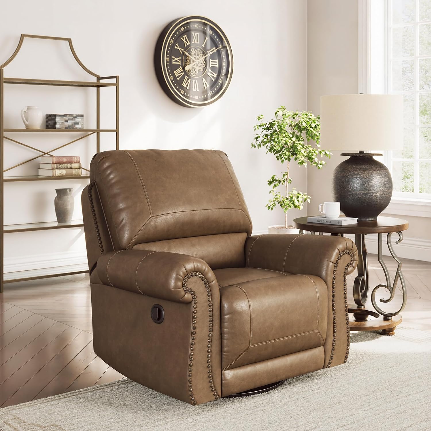 Signature Design by Ashley Shadsburne Classic Faux Leather Manual Rocker Swivel Glider Recliner with Nailhead Trim, Brown
