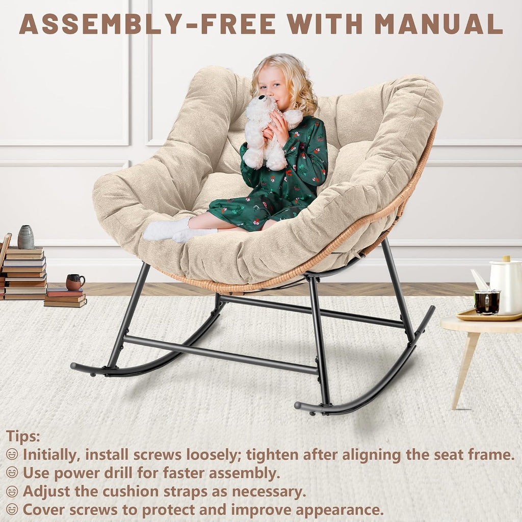 Outdoor Comfy Rocking Chair with Thick Cushion, Rattan Rocker Egg Chair Indoor with Straps, Patio Rocking Chair 450lbs for Garden, Backyard, Balcony, Lawn, Bedroom, Living Room (Beige)