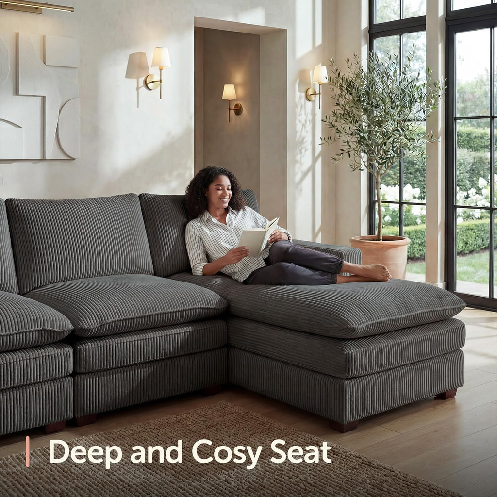 HONBAY 97.6 Inch Corduroy Cloud Modular Sectional Sofa with Chaise, Deep Seat L-Shaped Couch with Storage for Living Room, Apartment, Small Space,Grey