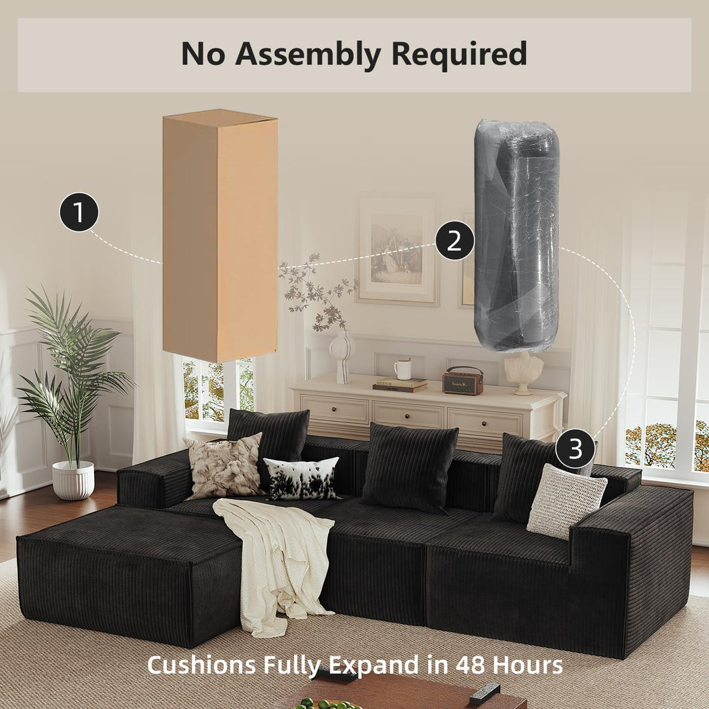 110' Sectional Couches for Living Room, 3 Seat Grey Corduroy Convertible Boneless Couches Sofa Bed with Pillows, Home Sofa Living Room Bedroom, Memory Foam Modular Couch Daybed Lazy Floor Bed
