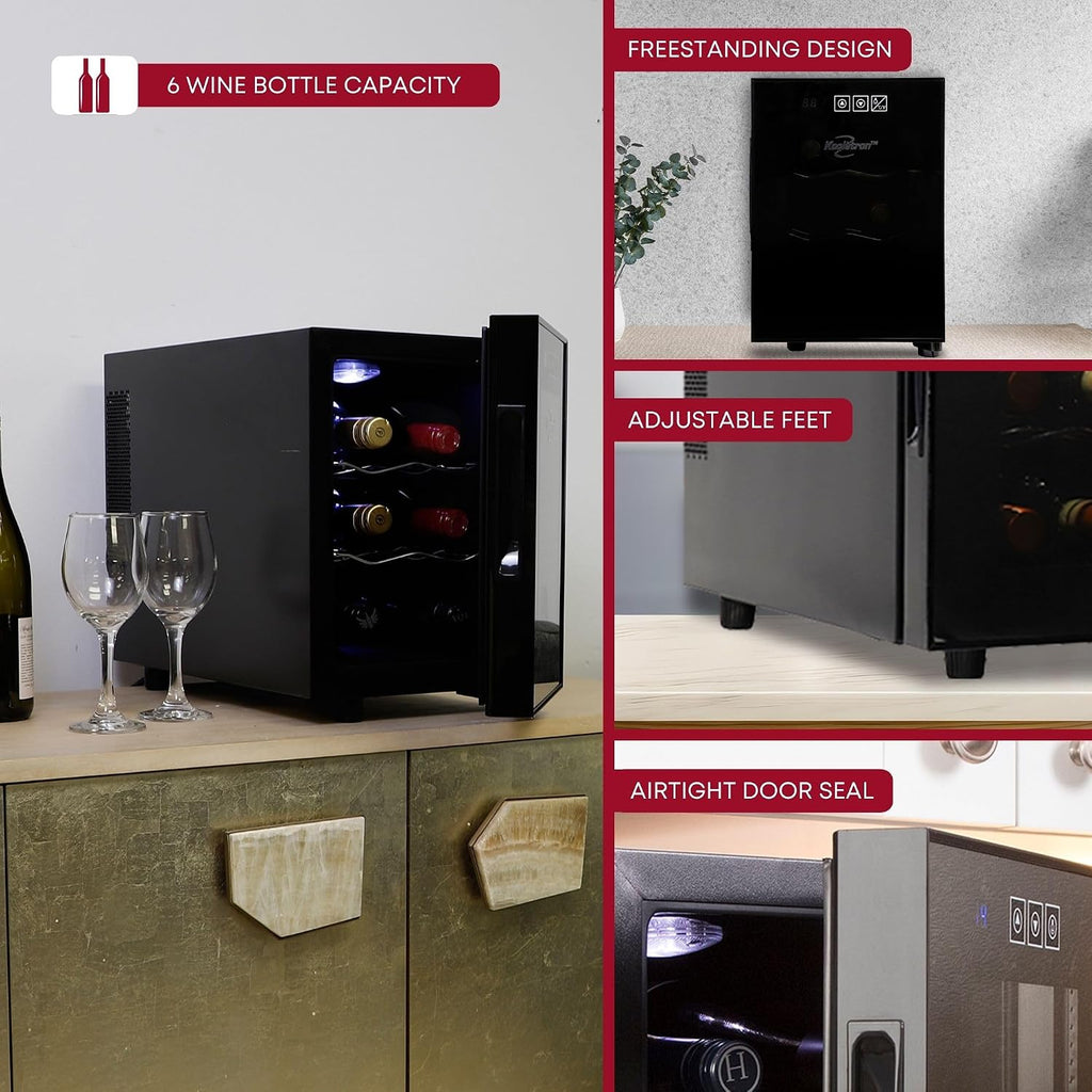 Koolatron 6 Bottle Wine Fridge – Freestanding Wine Cooler with Glass Door, 0.6 cu ft (16 L) Beverage Can Refrigerator, Digital Temperature Control, Ideal for White, Red & Sparkling Wine, Champagne