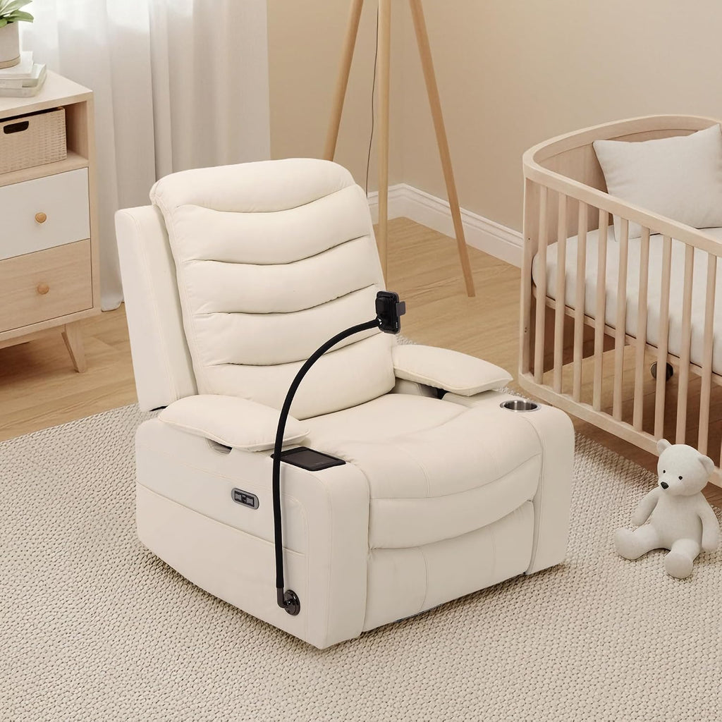 Olela Power Glider Recliner Nursery Chair, Oversized Leather Swivel Rocking Chair with Electric Lumbar Support, USB Charging, Smart Cup Holder, Light, Adjustable Armrest, Wireless Phone Charger Holder