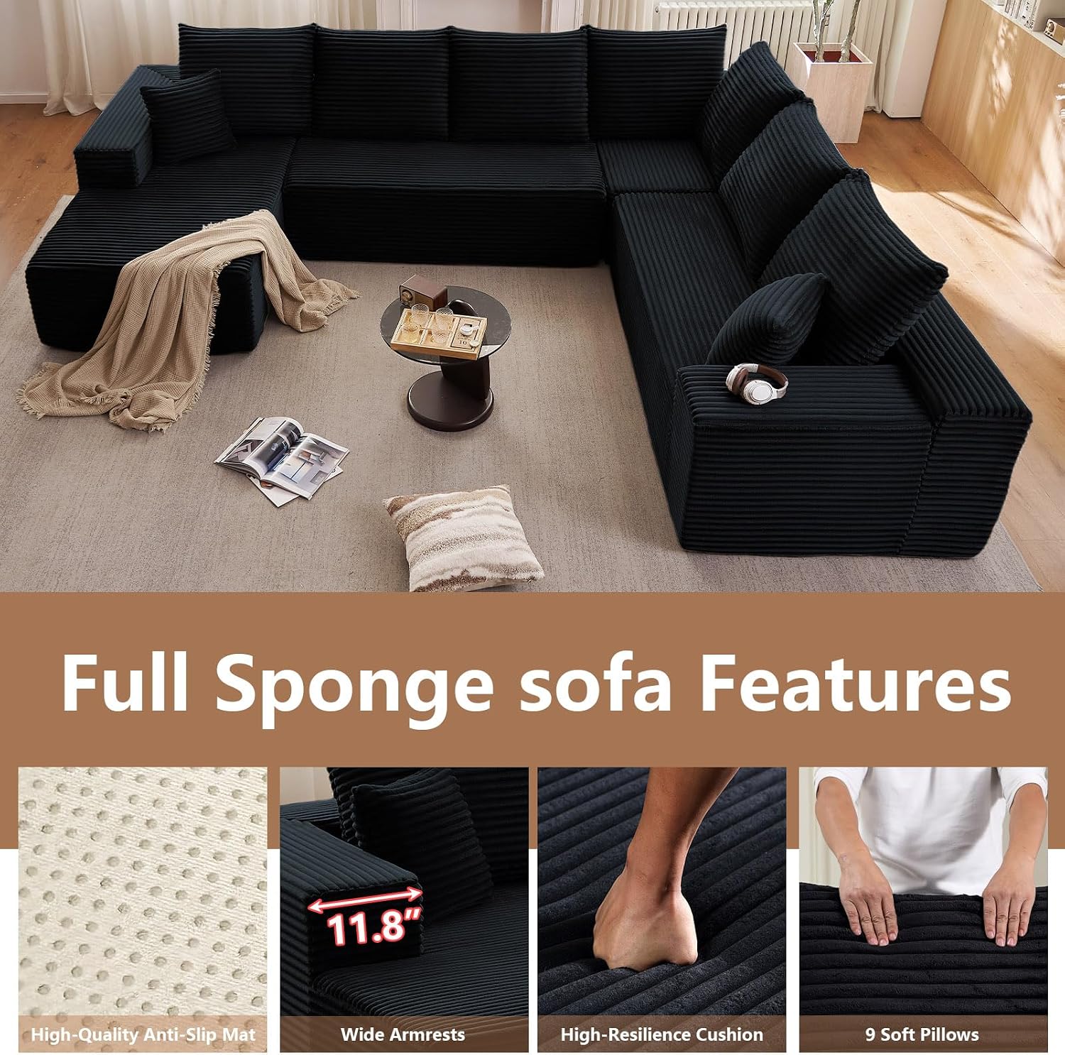 Modern Modular Sectional Sofa, Big Comfy Corduroy Cloud Couch with Deep Seat, Boneless Couch Upholstered 6-Seater U-Shaped Sofa for Living Room, No Assembly Required (Black, Left-Facing Chaise)