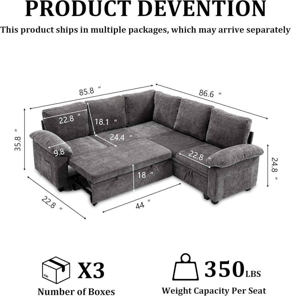 86 Inch Sectional Sleeper L Shaped Sofa with Pull Out Bed, Modular Sectional Sofa with Storage, Modern Chenille Cloud Couch, Sectional Couches for Living Room, Gray