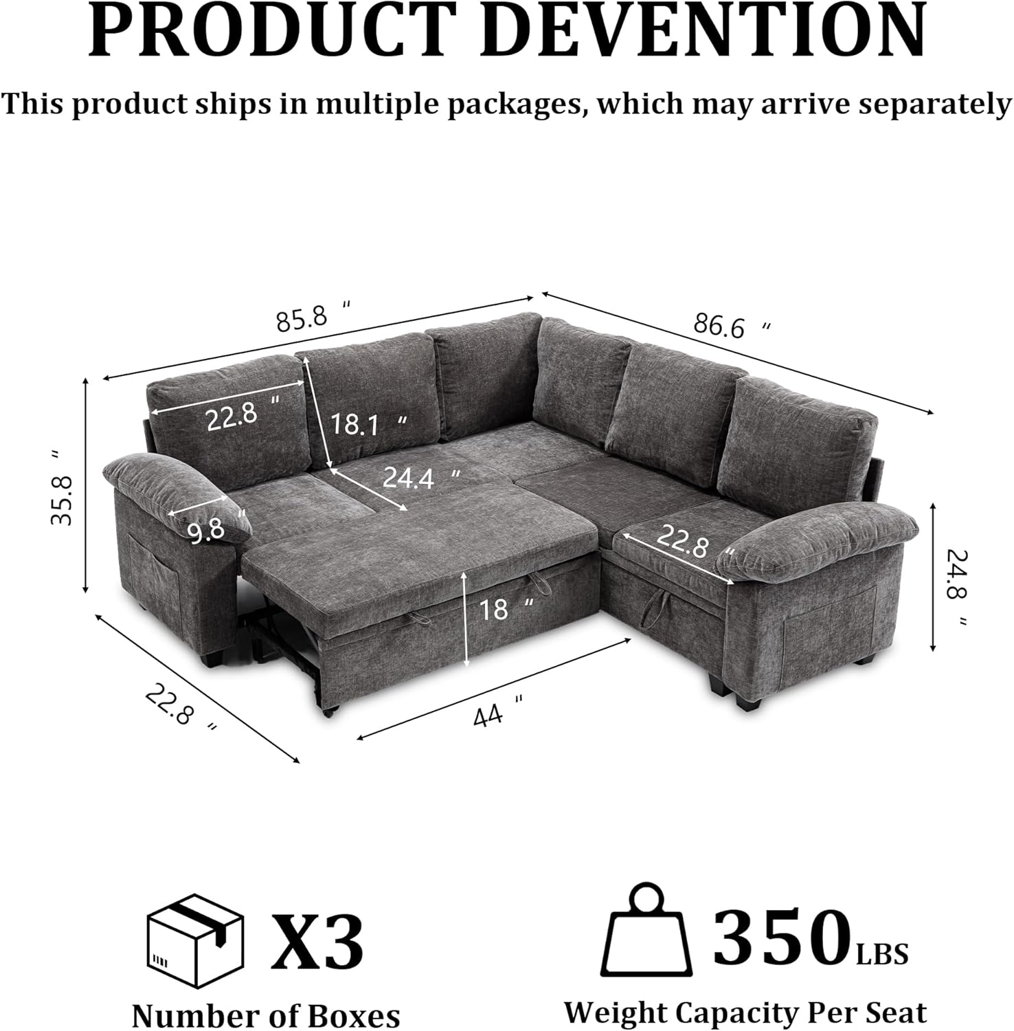 86 Inch Sectional Sleeper L Shaped Sofa with Pull Out Bed, Modular Sectional Sofa with Storage, Modern Chenille Cloud Couch, Sectional Couches for Living Room, Gray