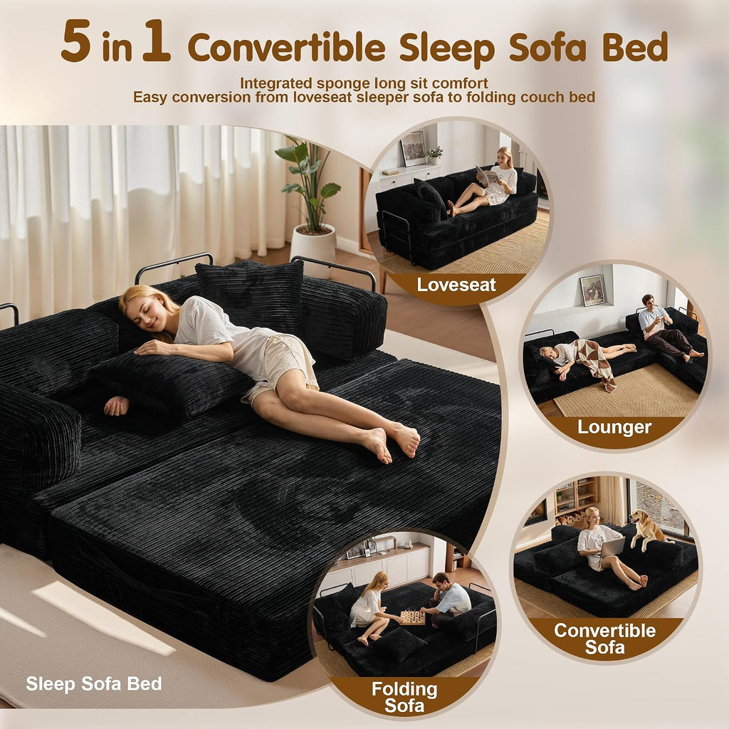 81″ Convertible Sleeper Sofa Bed with Pillows, Corduroy Foldable Mattress Couch with Fixed-Shape Frame, Futon Sofa Bed, Boneless Couch for Living Room Bedroom Lounge Studio, Black