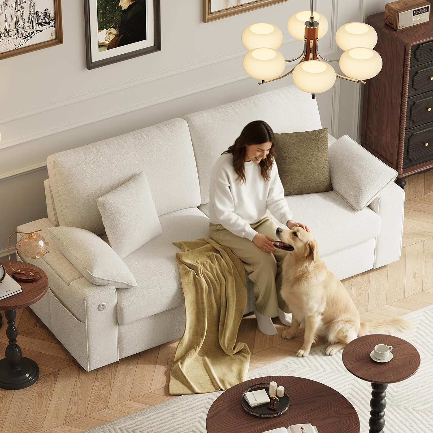 MALOL 76' Loveseat Sofa, Cloud Foam Couch, 3 Seater Upholstered Midcentury Mondern Love Seat with USB Type C Ports, 4 Pillows and Storage Armrest for Living Room/Small Spaces, Beige | Breathable material