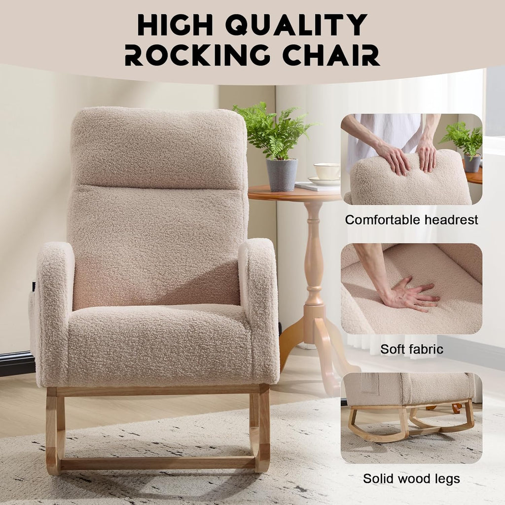 KEIKI Upholstered Rocking Armchair for Bedroom or Apartment, Soft Cushioned Nursery Glider with Wood Legs, High Back Support and Side Pocket for Everyday Comfort