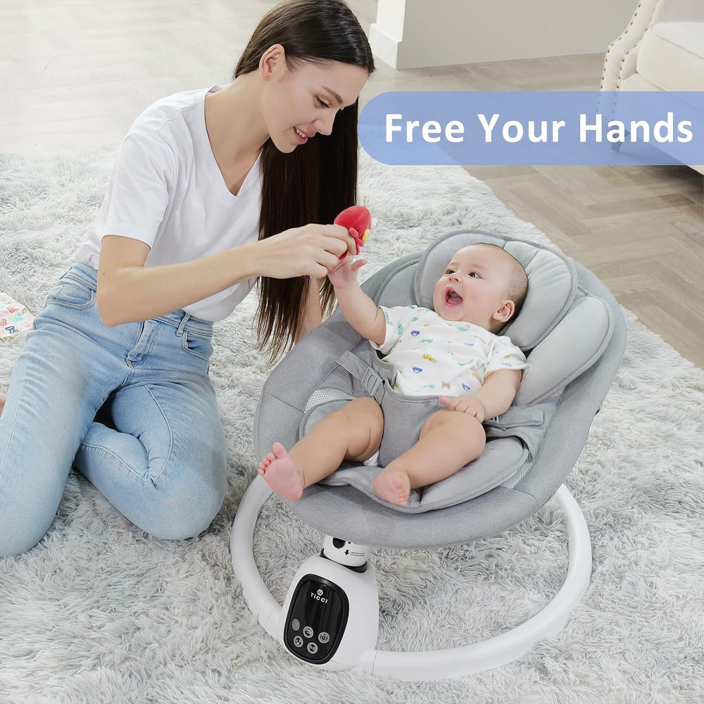 T TICCI Baby Swings for Infants, 5 Speed Bluetooth Baby Bouncer, Motorized Bluetooth Swing, Built-in 3 Timer Settings, Music Speaker, Remote Control, 0-6 Months, Grey