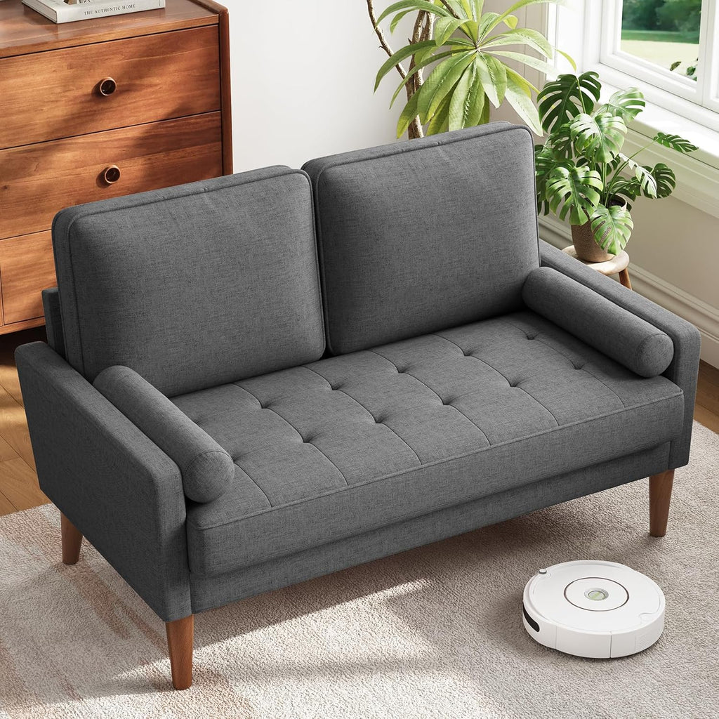 Vesgantti Loveseat Sofa with Solid Wood Legs, 48' Small Couches for Small Spaces, Love Seat for Living Room, Bedroom, Easy Assembly Mid Century Modern Couch with Throw Pillow for Apartment, Grey