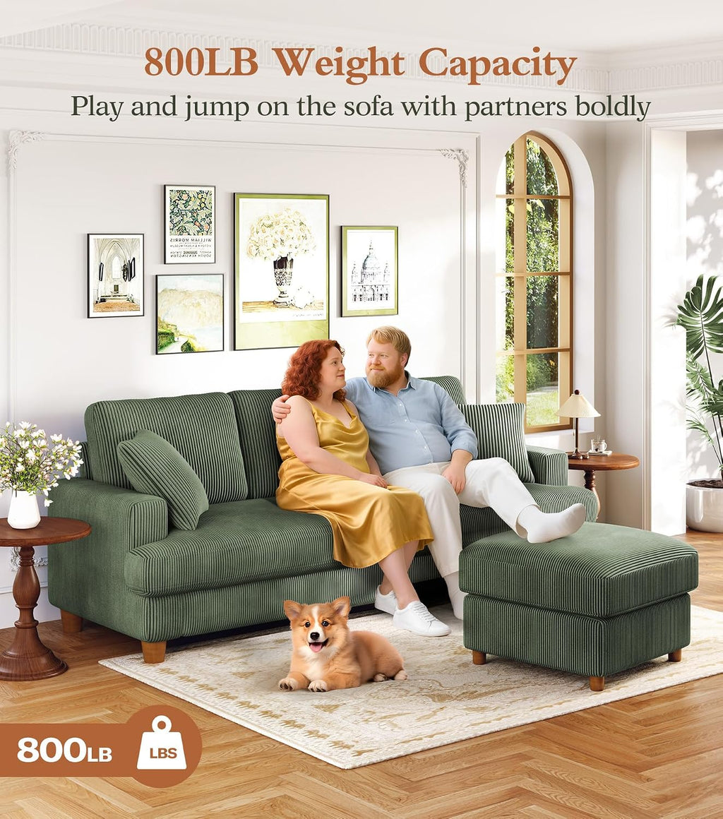 Kidirect 87in L Shaped Couch, Modular Sofa No Tool Assembly, Comfy Sectional Couches for Living Room 21in Deeper Seats, Corduroy Sofas for Living Room with 2 Pillows, Loveseat Sofa Set, Green Couch