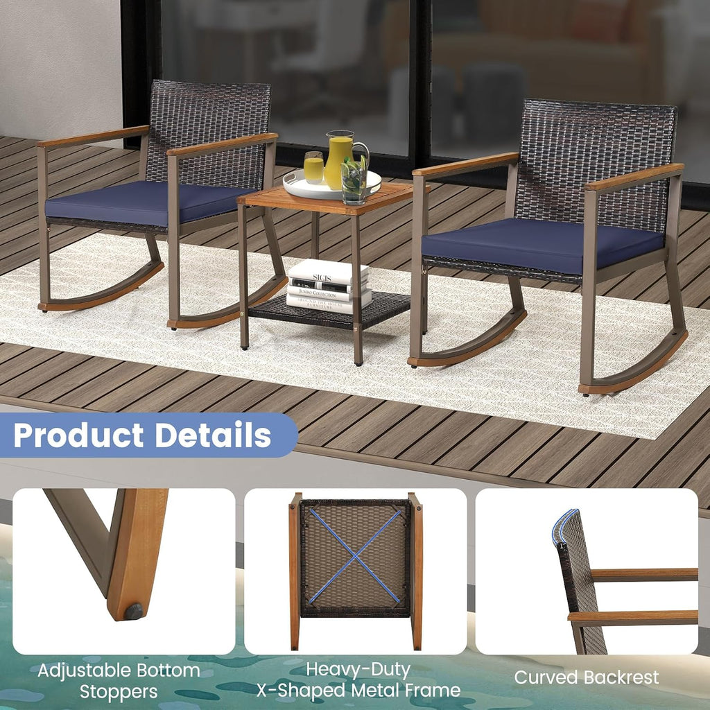 Outdoor Rocking Chair Set, 3 Pieces Patio Set with Rocking Chair, Coffee Table & Cushions, Patio Wicker Furniture Set for Balcony, Porch & Backyard (Navy Blue)