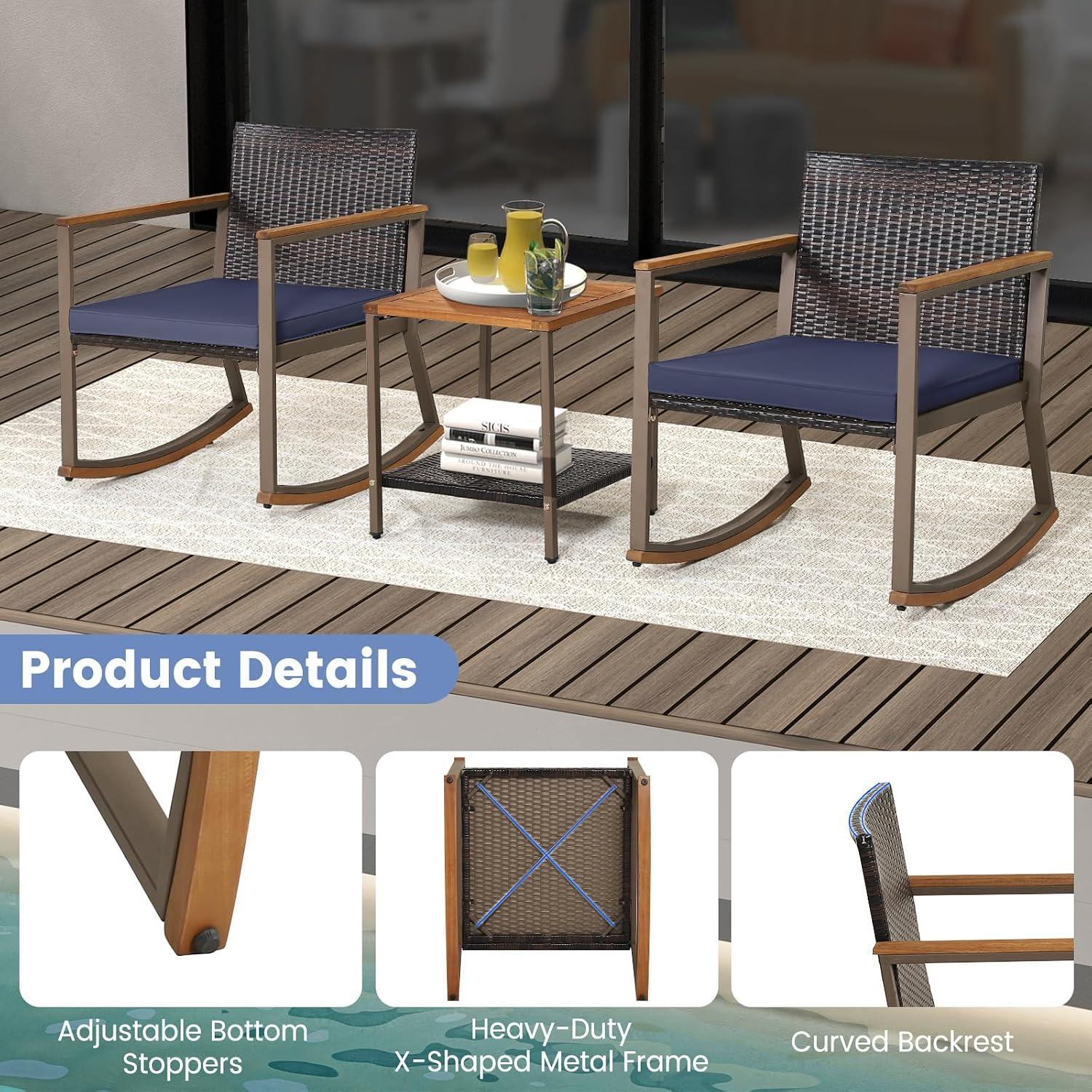 Outdoor Rocking Chair Set, 3 Pieces Patio Set with Rocking Chair, Coffee Table & Cushions, Patio Wicker Furniture Set for Balcony, Porch & Backyard (Navy Blue)