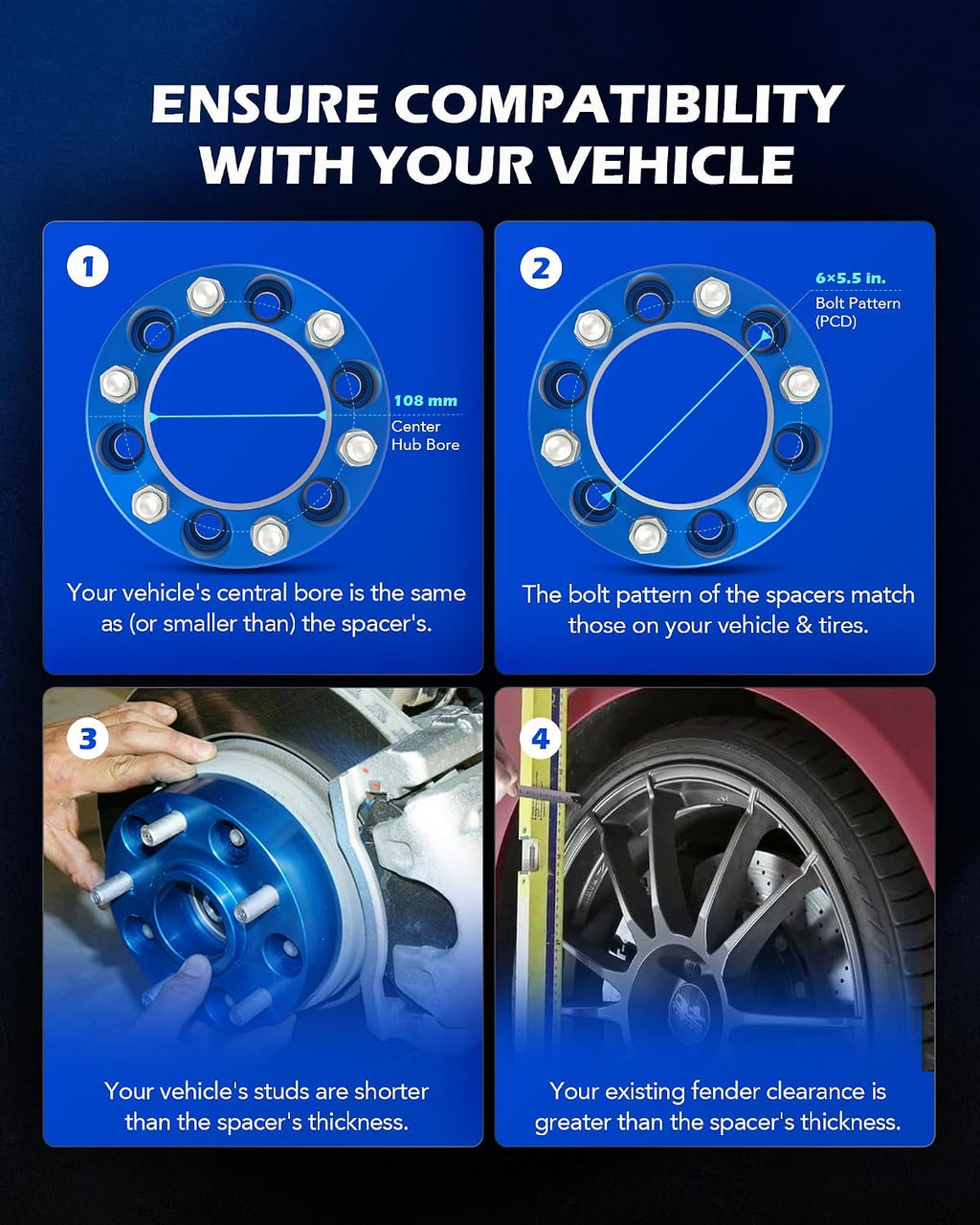 Orion Motor Tech 6x5.5 Wheel Spacers, 2 Inch Blue Wheel Spacer Kit with M14x1.5 Studs Compatible with Chevy Silverado 1500 Chevrolet Tahoe GMC Yukon Suburban, 108mm Bore Blue Wheel Spacers