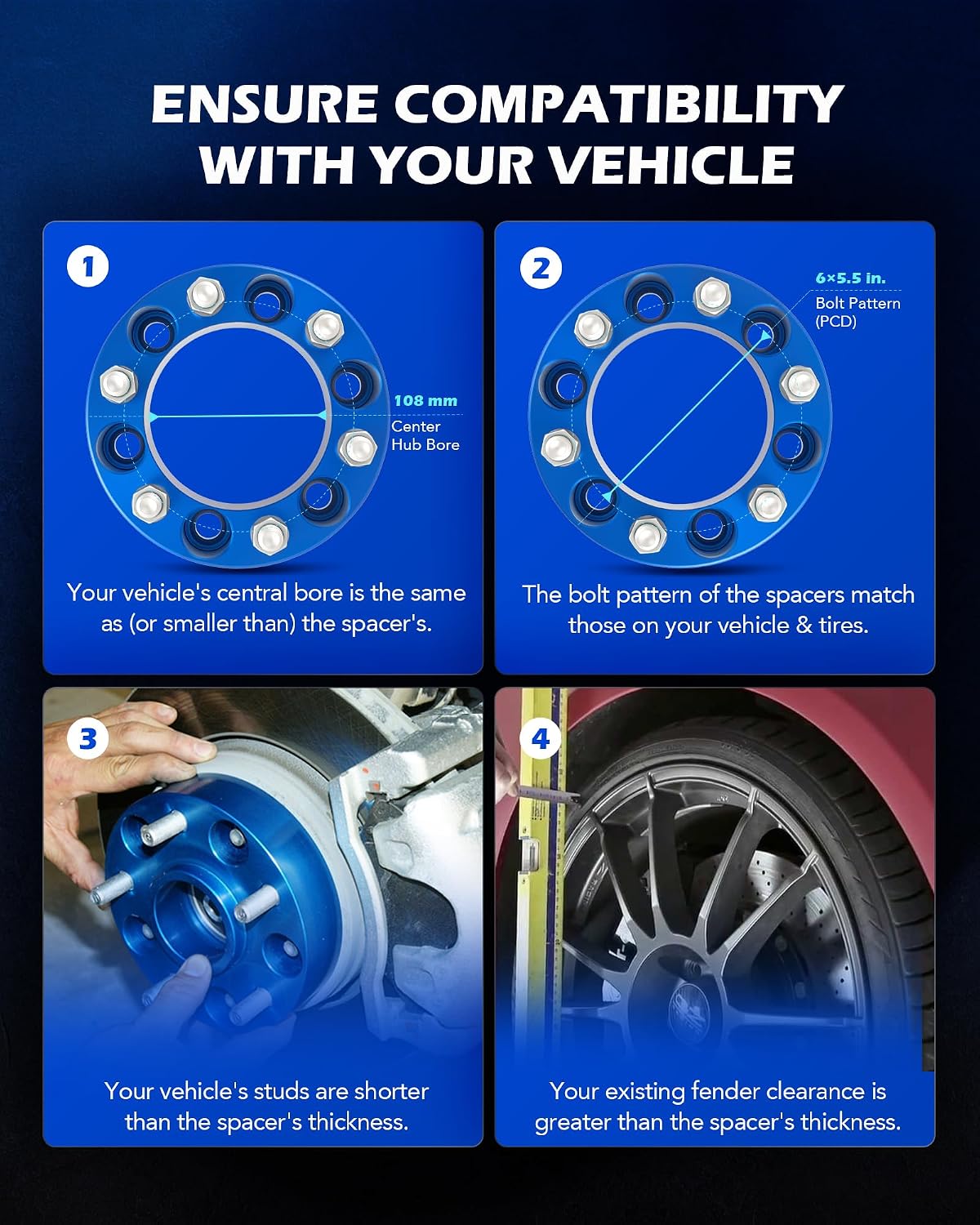 Orion Motor Tech 6x5.5 Wheel Spacers, 2 Inch Blue Wheel Spacer Kit with M14x1.5 Studs Compatible with Chevy Silverado 1500 Chevrolet Tahoe GMC Yukon Suburban, 108mm Bore Blue Wheel Spacers