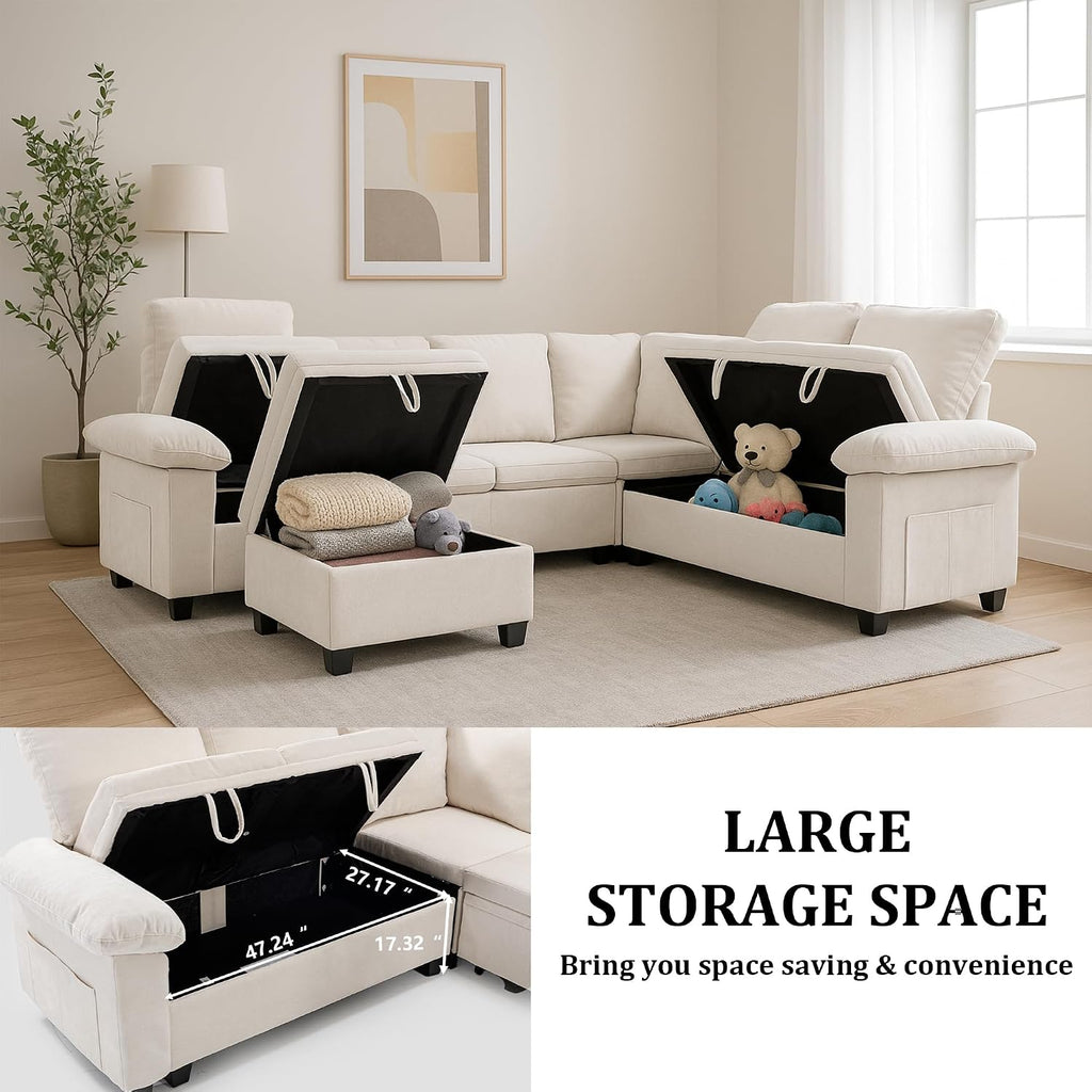 86 Inch Sectional Sleeper L Shaped Sofa with Pull Out Bed, Modular Sectional Sofa with Storage, Modern Chenille Cloud Couch, Sectional Couches for Living Room, Beige