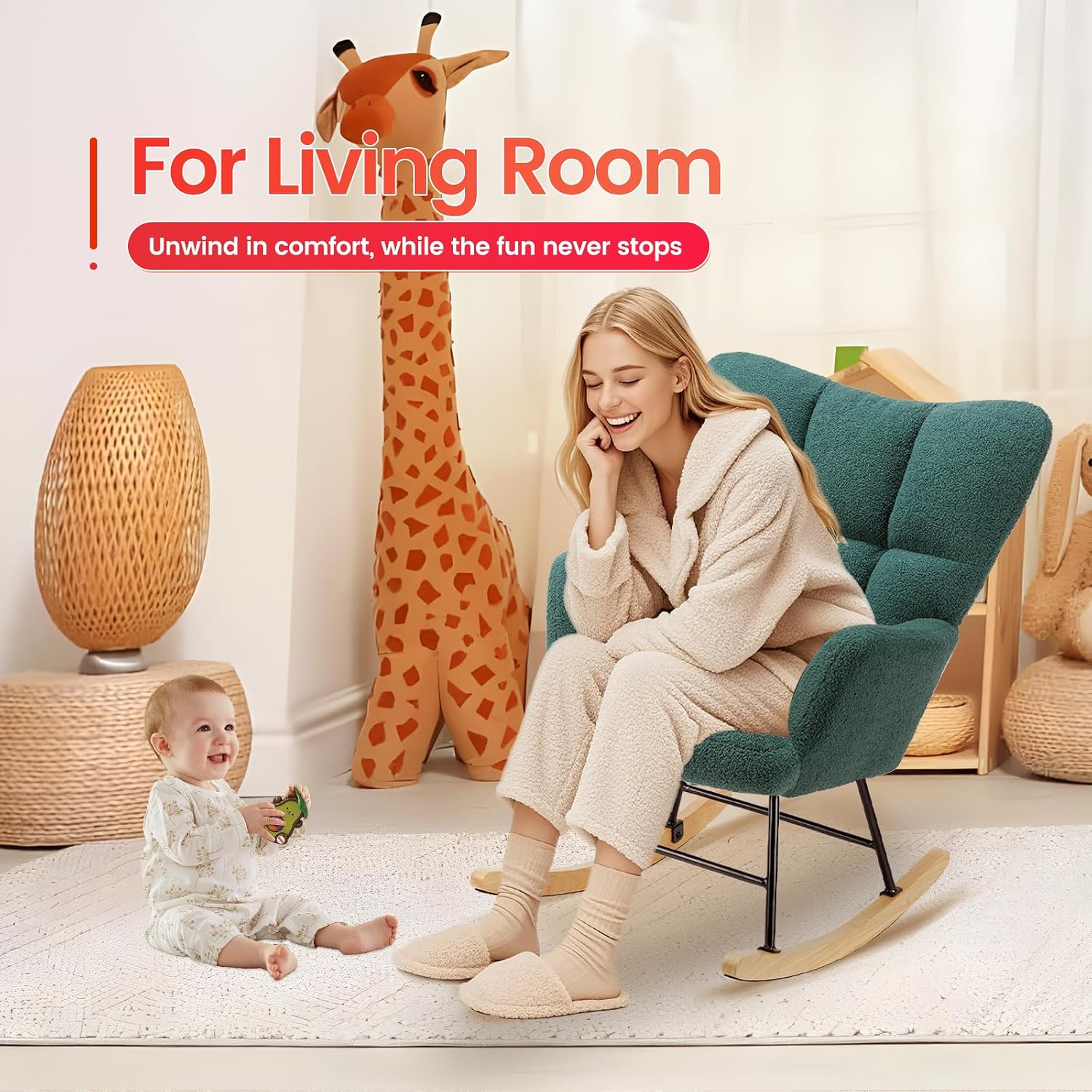 YSSOA Rocking Chair Nursery Teddy - Upholstered Comfy Glider Rocker with High Back Armchair, Cozy Reading Recliner Fluffy Comfortable Chair for Bedroom, Baby Room, Living Room and Study, Green