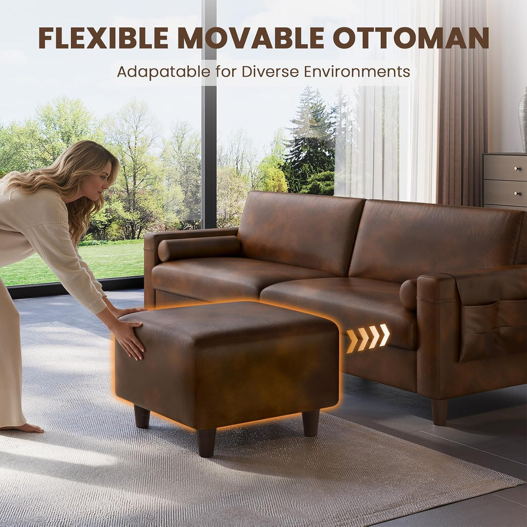 Vesgantti 100' PU Faux Leather Couch with Movable Ottoman, Large 2 Seater L Shaped Leather Sectional Sofa with Side Pocket, Comfy Mid Century Modern Modular Sofa for Living Room, Apartment, Cocoa