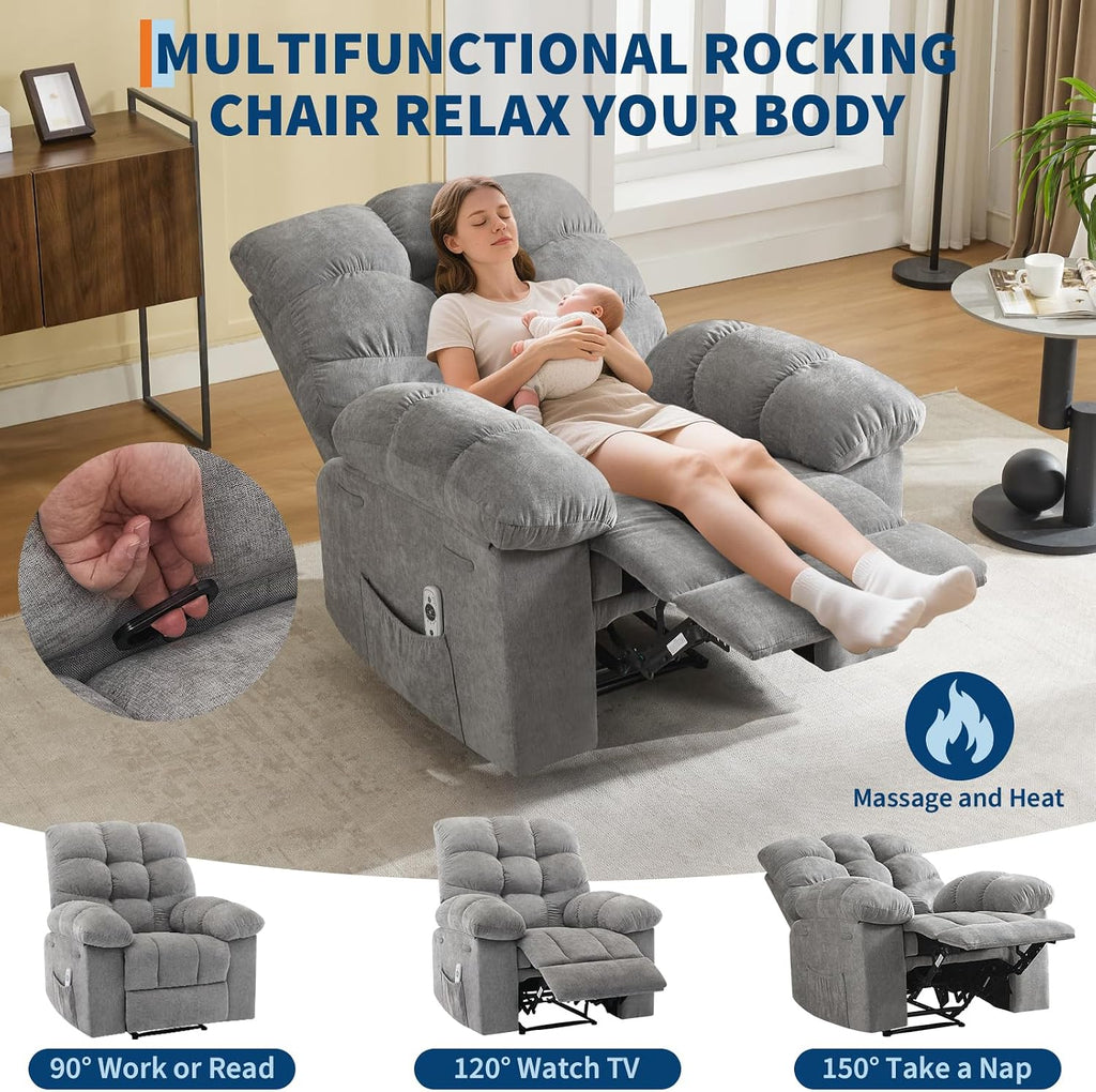 21.4in Wide Rocking Recliner Chair,Massage & Heat Function, Ergonomic Breathable Fabric with 2 Side Pockets & Remote for Living Room/Bedroom