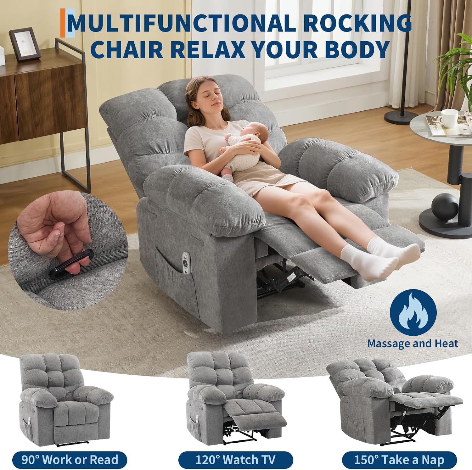21.4in Wide Rocking Recliner Chair,Massage & Heat Function, Ergonomic Breathable Fabric with 2 Side Pockets & Remote for Living Room/Bedroom
