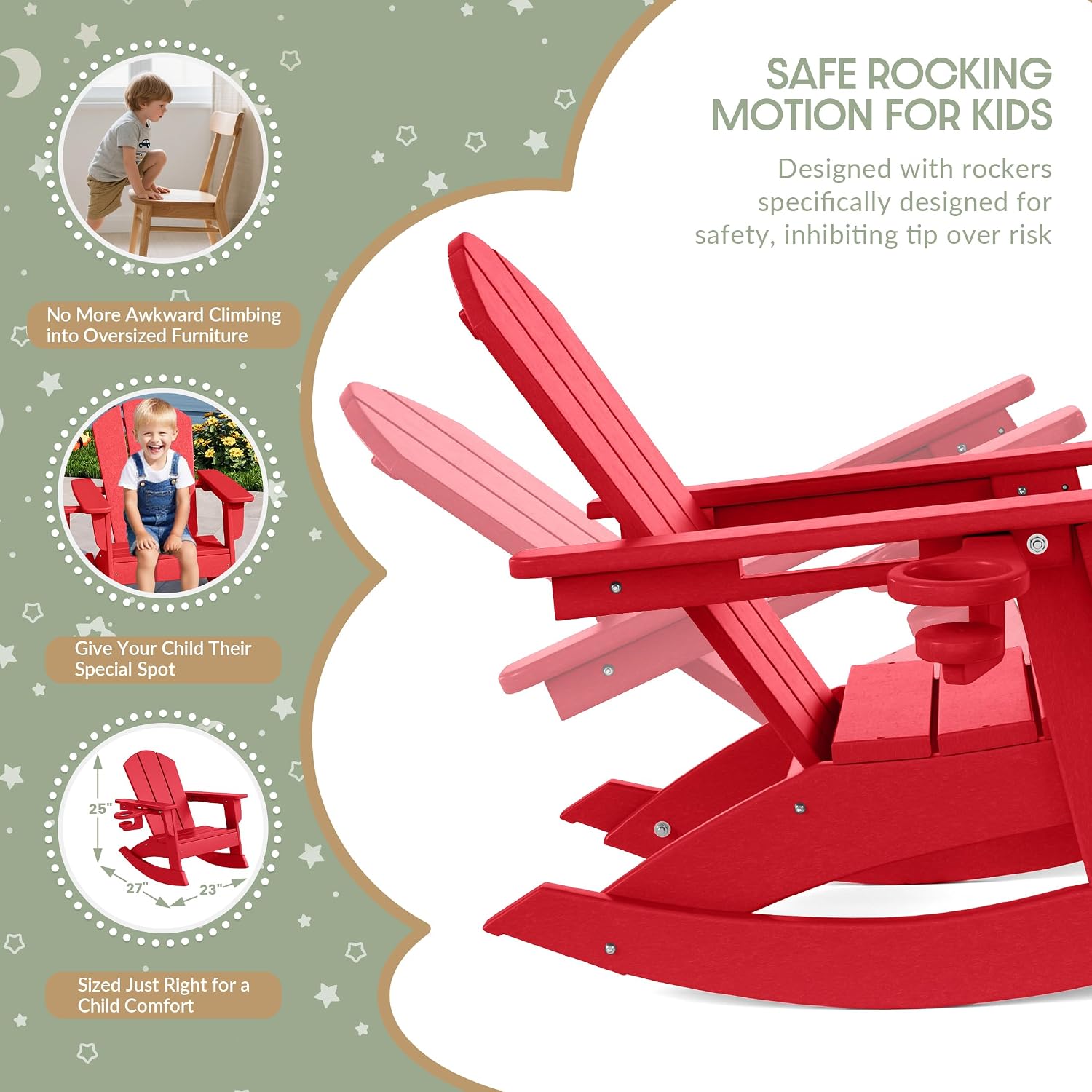 WestinTrends Malibu Outdoor HDPE Plastic Preschool Toddler Classic Adirondack Rocking Chairs (Set of 2), Red