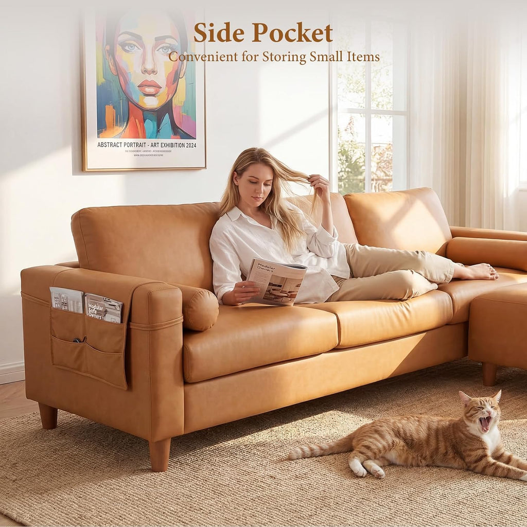 Vesgantti 100' Faux Leather Couch with Movable Ottoman, 3 Seater L Shaped PU Leather Sofa with Side Pocket, Comfy Mid Century Modern Modular Sectional Couch for Living Room, Apartment, Camel