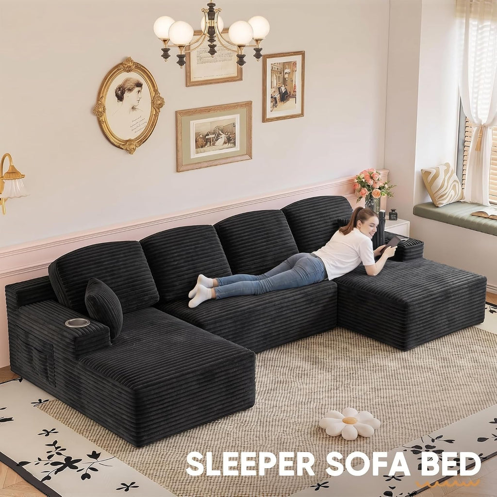 Homall 142' Boneless Couch, Modular Sectional Sofa, No Assembly Required, Memory Foam Filling, Corduroy U-Shaped Sofa, Movable Multi-Person Couch for Living Room (Black)